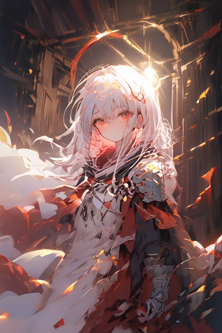 1girl, Whole body diagram, red eyes, solo, long hair, armor, white hair, closed mouth, bangs, gauntlets, hair between eyes,  shoulder armor, cape, red cape, dress, armored dress, standing, indoors, random lights, whisper, fractal
