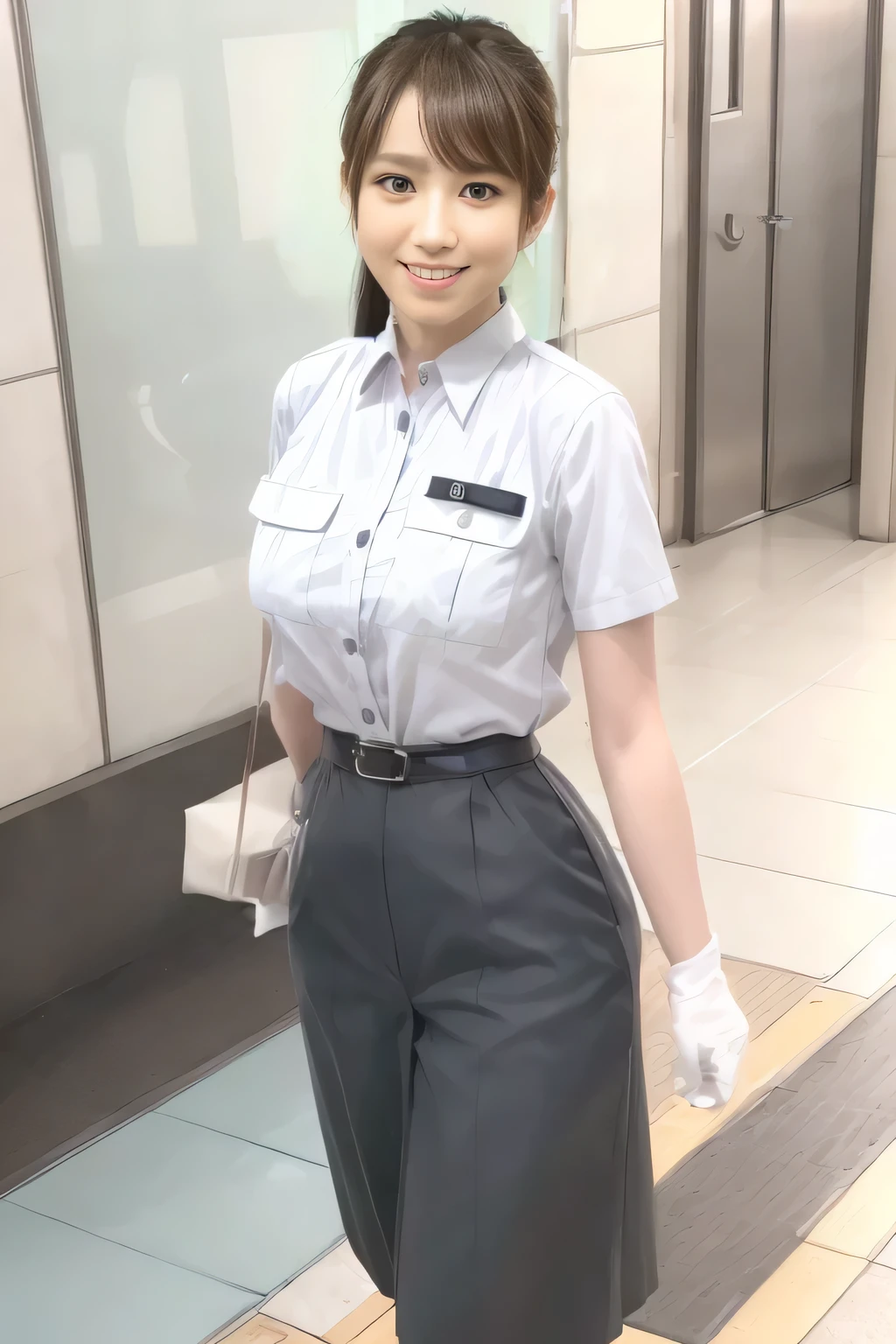 (Masterpiece:1.2, best quality :1.2), 32kHDR, high definition, (Alone、 1 girl)、(Rooftop of a building during the day、 professional lights )、Building rooftop background、( TOKYO SUBWAY WOMAN CREW UNIFORM REAL STYLE WOMAN CREW UNIFORM 6 )、(TOKYO SUBWAY WOMAN CREW UNIFORM BLOUSE SHORT SLEEVE 、 Knee-length culottes skirt、Waist belt)、、 dark brown hair 、( hair gathered、 hair bang)、 dark brown hair 、Long Hit、Big Breasted 、Thin legs、(( amazing hands:2.0)),((harmonious body proportions:1.5)),((Normal limbs:2.0)),((Usually refers to:2.0)),(( Delicate Eyes:2.0)),((Normal eyes:2.0)))、smile、(Tokyo Subway woman crew uniform Knee-length culottes skirtを見せた美しい立ち姿) 、Hands crossed underneath