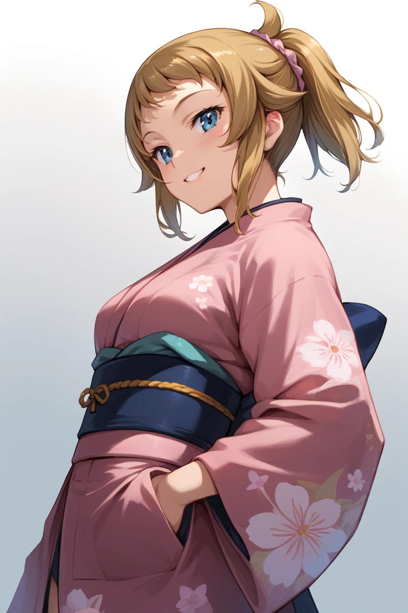 score_9, score_8_  up, score_7_  up,   source_Anime, from side, standing,  1girl  , Gundam Hoshino ,   ponytail from below the surface, scrunchie ,  simple background,  kimono,  kimono, medium breast, smile, blush,