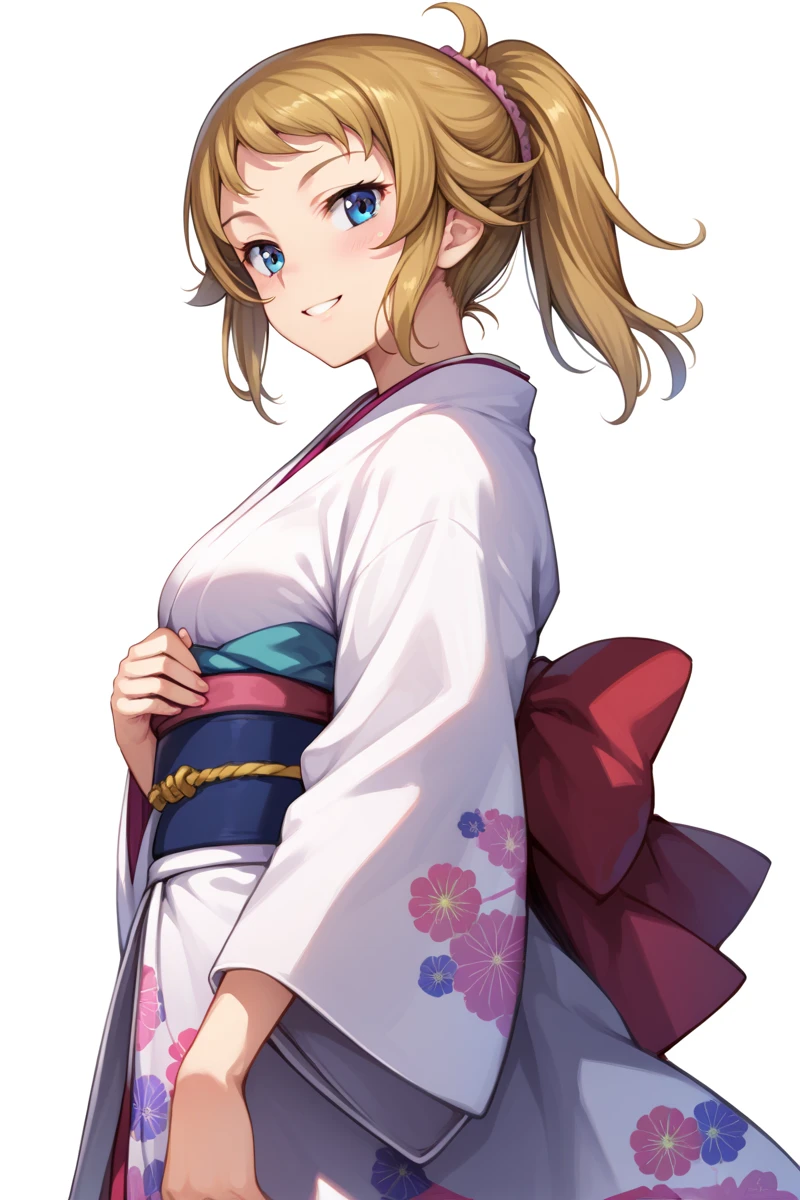 score_9, score_8_  up, score_7_  up,   source_Anime, from side, standing,  1girl  , Gundam Hoshino ,   ponytail from below the surface, scrunchie ,  simple background,  kimono,  kimono, medium breast, smile, blush,