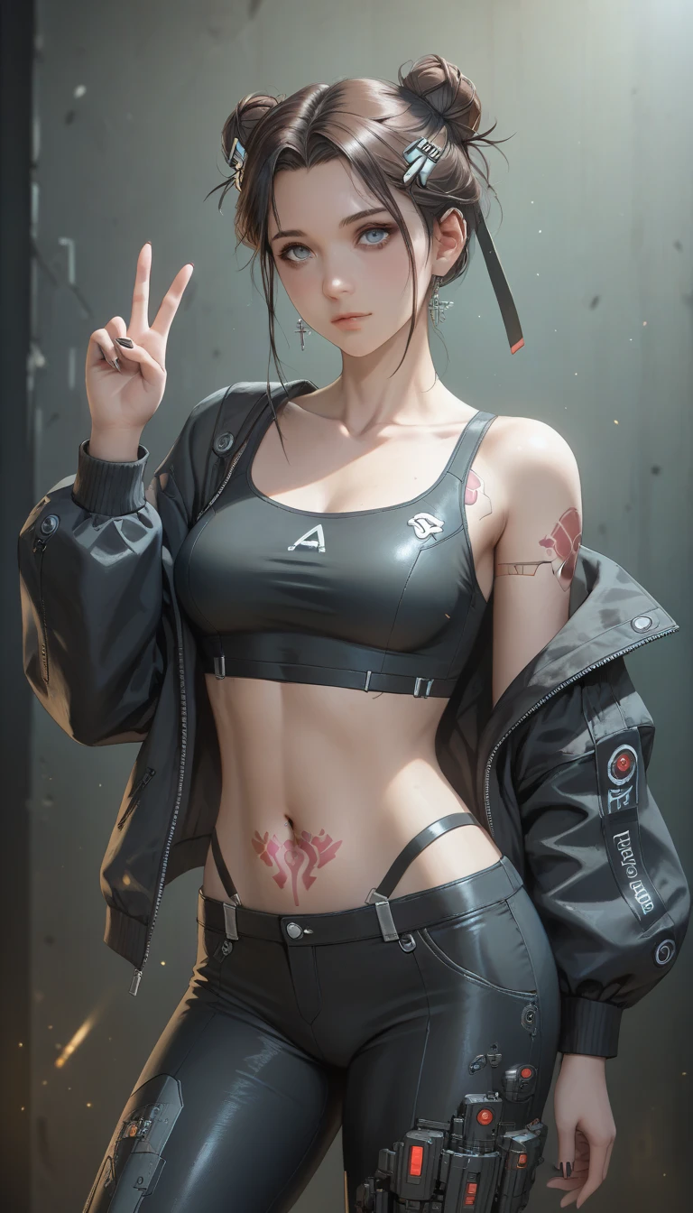 solo, 1girl, (masterpiece), ((16 year old appearance)), mohalk punk hair, small breasts, yellow eyes, ((detailed eyes)), (athletic body), (simple black cropped), micro black top with red details, Looking at the screen, orange lipstick, visible abs, small micro thong, navel, (collarbone), (cyberpunk scenery background)