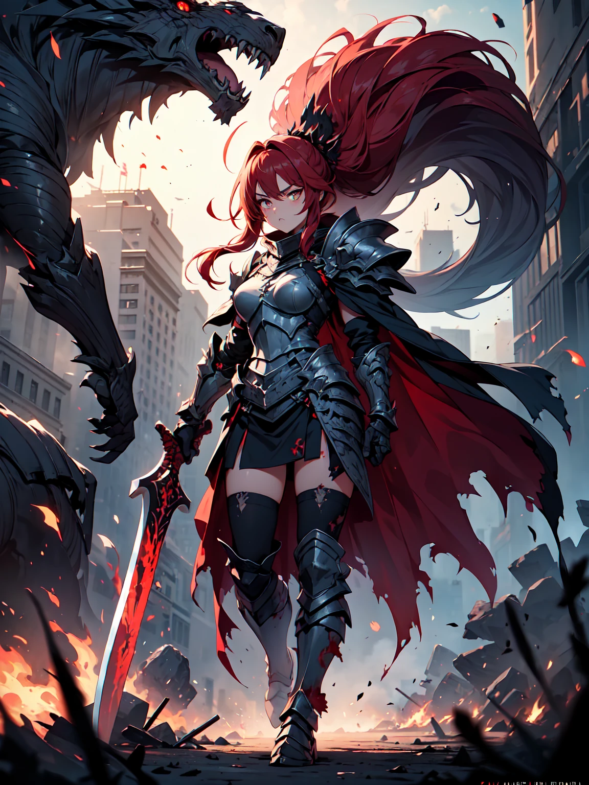Masterpiece, 1girl, (daemon-like girl), red hair and Green eyes, dark skin and 2 horns, full body, Lady knight and princes, fantasy, closed mouth, detailed, enchanted dark forest, dark fairy tale, unconditional love, emotional connection