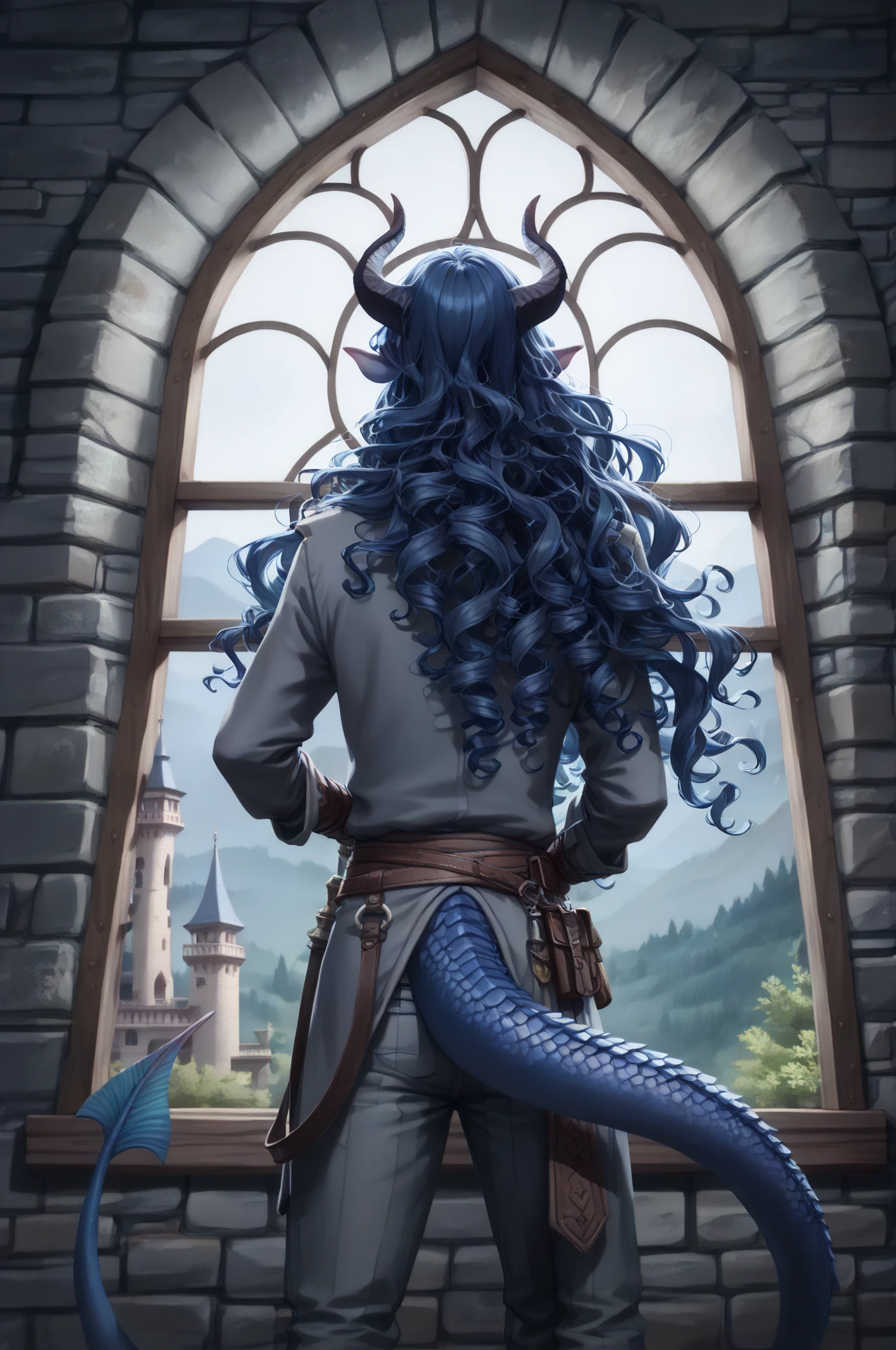 (cedar ), (1Тiefling ,  dark blue-gray skin :1.6), (stands inside by the window of a tall tower overlooking the valley far below, looks out from behind a grey stone wall and looks into the distance:1.5), ( very thick long tiefling dragon tail :1.5), ( long black flowing hair with dark blue tips:1.4), ( the bright blue-black pigmentation on the face :1.5), (blue-black freckles :1.2), ( small barely noticeable fins on the head:1.4), ( bright blue-grey pupils,  black eyes :1.4), ( blue-black pigmentation on the skin :1.5), ( dark grey straight short horns ), ( blue and black pigmentation on the tail :1.5), (kind face), (curiosity ), (35 years old:1.5), ( Adult girl:1.3) , (Deep look:1.2), [cloak], (you can see pigmentation on his shoulder ), (chainmail), (tail protection), (tail behind ), (medieval pants with fur on the legs:1.2), ( top quality ), ( masterpiece fails), [ is a large forest lake with calm waters], [ reflections of clouds and trees in the water], [koi carps fish in water ], ( highest detail), [ against the background of a deep thorny forest ,  prickly impassable black trees , a mountain cliff , water], ( against the background of a thicket ), [ against the background of a mountain stream ],  fantasy background, blue tones, Dark tones, dark shades,  muted colors. 
