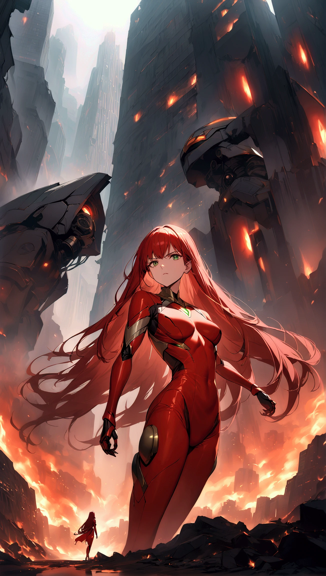  A woman with long, straight hair, intense red color, flowing like a flame .  His green eyes shine with determination ,  and her tight red latex suit highlights her slender and athletic figure . At your side,  a giant red robot with gold details reflects her strength and passion .  The background shows a futuristic city in ruins ,  while the warrior and her robot seem ready to face any threat.