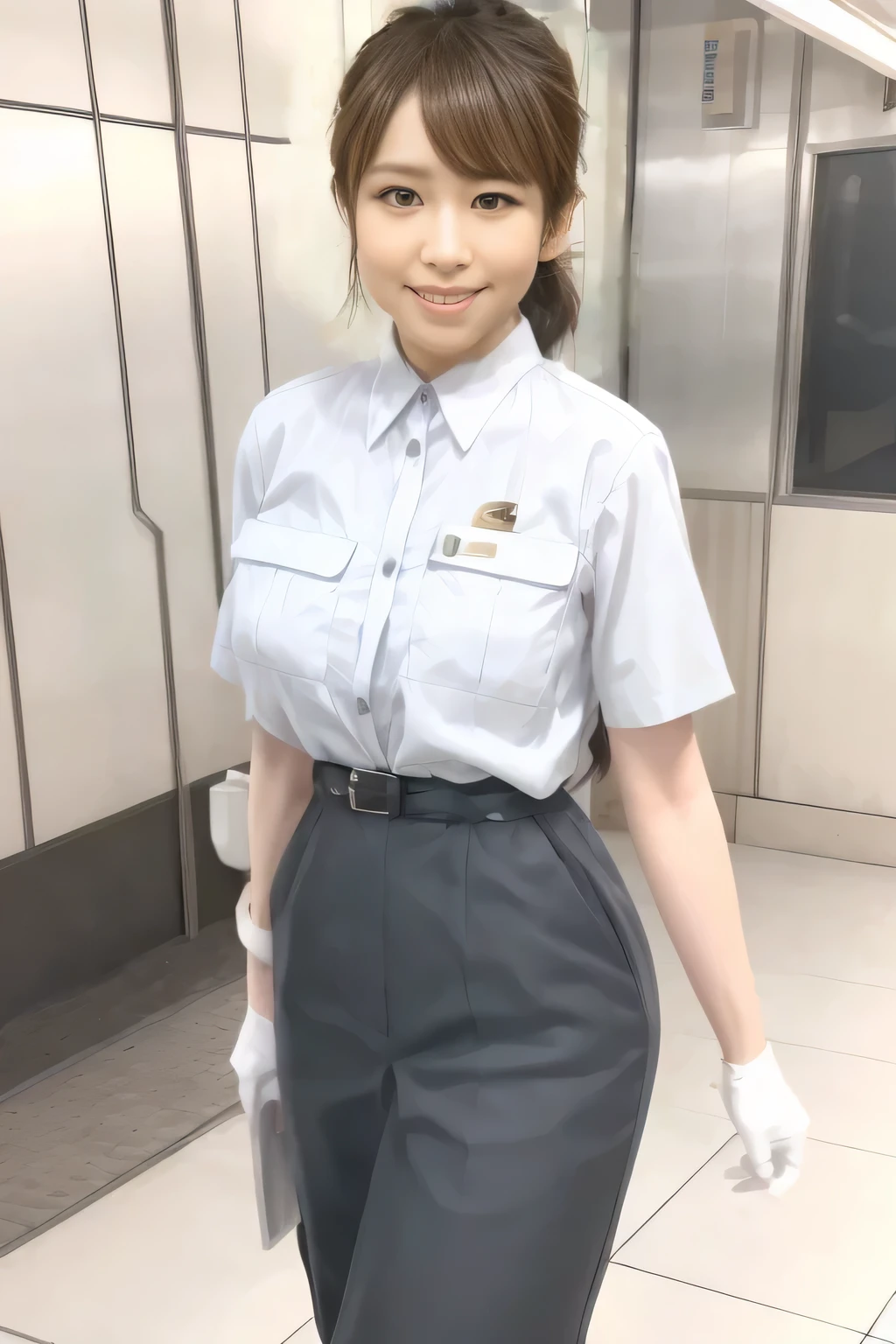 (Masterpiece:1.2, best quality :1.2), 32kHDR, high definition, (Alone、 1 girl)、(Rooftop of a building during the day、 professional lights )、Building rooftop background、( TOKYO SUBWAY WOMAN CREW UNIFORM REAL STYLE WOMAN CREW UNIFORM 6 )、(TOKYO SUBWAY WOMAN CREW UNIFORM BLOUSE SHORT SLEEVE 、 Knee-length culottes skirt、Waist belt)、、 dark brown hair 、( hair gathered、 hair bang)、 dark brown hair 、Long Hit、Big Breasted 、Thin legs、(( amazing hands:2.0)),((harmonious body proportions:1.5)),((Normal limbs:2.0)),((Usually refers to:2.0)),(( Delicate Eyes:2.0)),((Normal eyes:2.0)))、smile、(Tokyo Subway woman crew uniform Knee-length culottes skirtを見せた美しい立ち姿) 、Hands crossed underneath