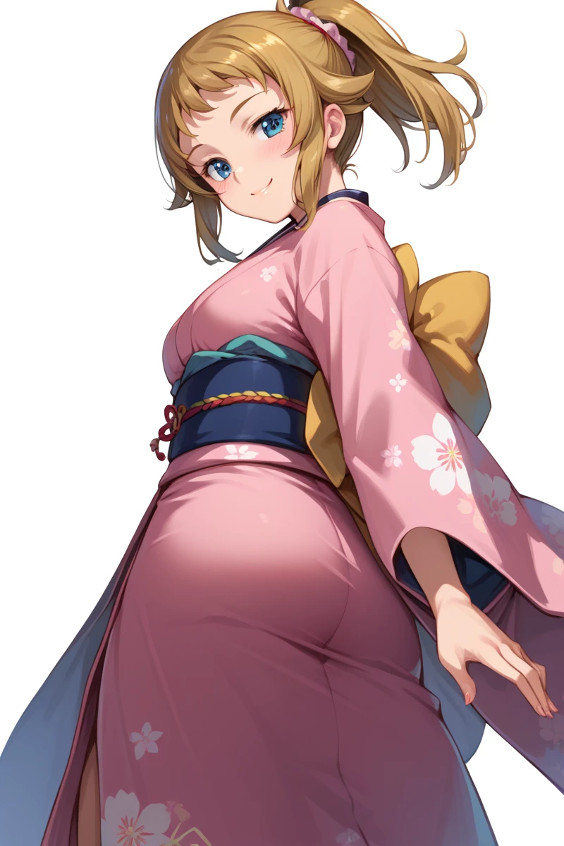 score_9, score_8_  up, score_7_  up,   source_Anime, from behind, standing,  1girl  , Gundam Hoshino ,   ponytail from below the surface, scrunchie ,  simple background,  kimono,  kimono, medium breast, smile, blush,