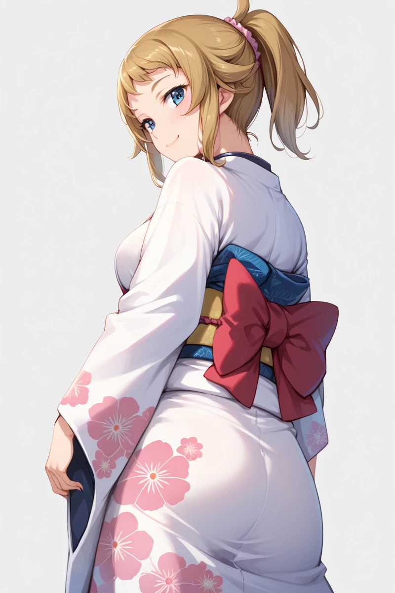 score_9, score_8_  up, score_7_  up,   source_Anime, from behind, standing,  1girl  , Gundam Hoshino ,   ponytail from below the surface, scrunchie ,  simple background,  kimono,  kimono, medium breast, smile, blush,