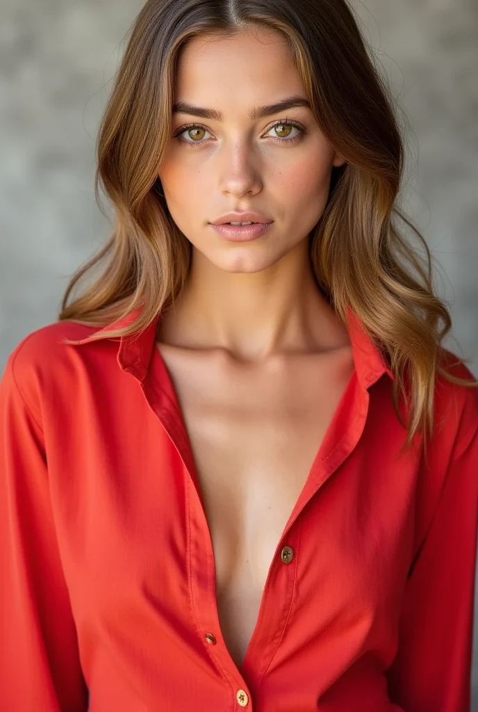 A portrait of a young woman with windswept, medium-length brown hair with natural highlights. Her eyes should appear piercing and direct, engaging the viewer, while her lips are slightly parted in an approachable expression. She wears a red, collared shirt that is unbuttoned at the top, portraying a sense of casual elegance. The overall mood is relaxed and natural, with a neutral gray background to contrast the rich red of her shirt and highlight her fair complexion."