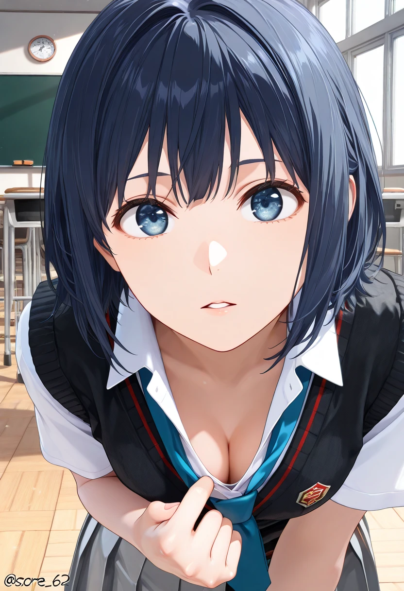 (Ultra Realistic Photo, raw photo, portrait, Realism, 3D rendering, from movie stills, blender render, art academia, main artwork, soft lines,   steampunk)、break 1girl, alone, Akane Kurokawa, Dark blue hair, Dark blue eyes,  school uniform, black sweater vest,  white shirt,  collared shirt , Blue tie, sailor vest, medium breasts,  gray skirt,  pleated skirt at the top of the screen,BREAK Inside, classroom,break (from front, looking at viewer, cleavage focus,(close-up)),break (cleavage:1.4),(leaning forward, leaning head),break (Finger pulling  clothes to show off cleavage),break (parted lips)