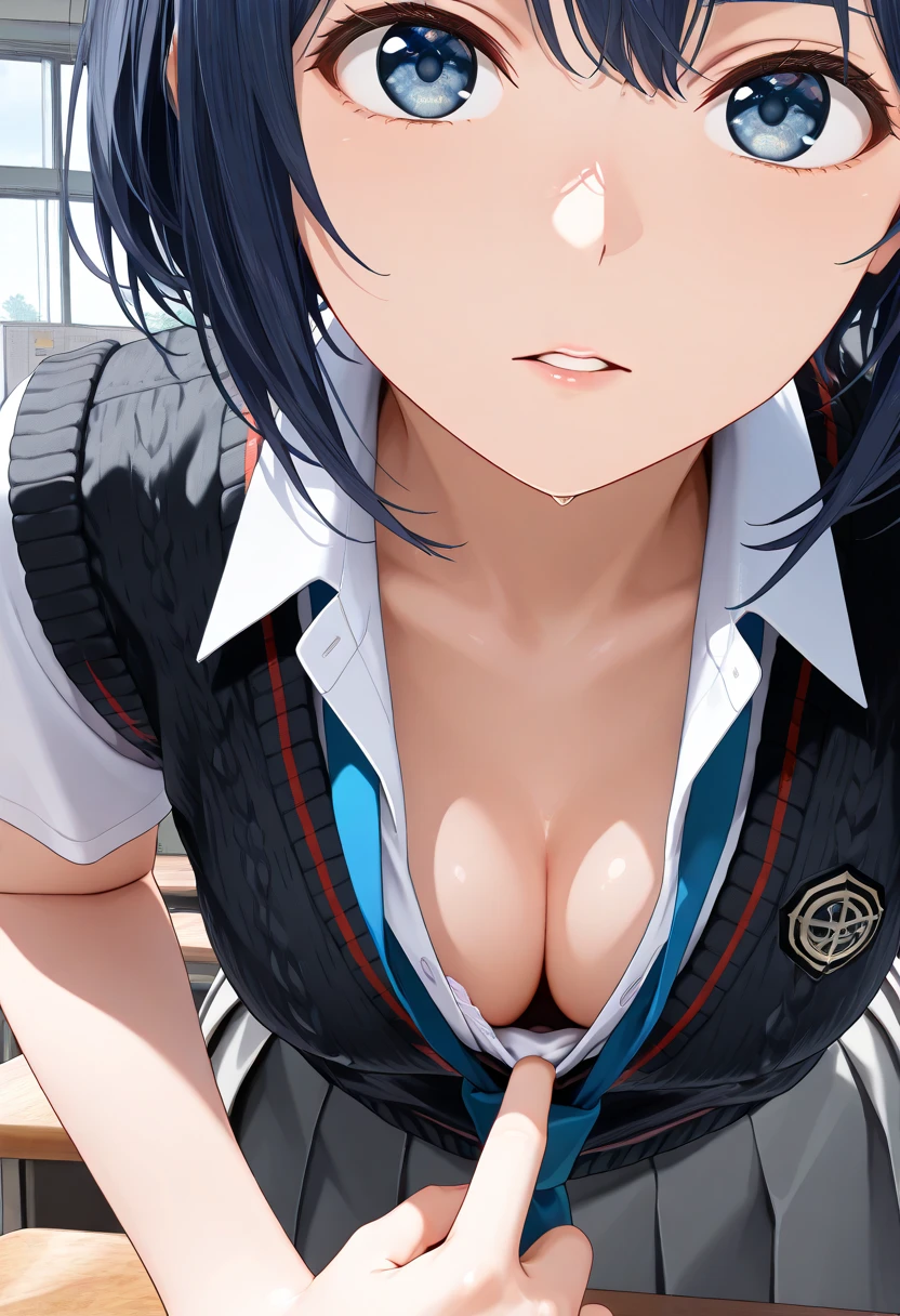 (Ultra Realistic Photo, raw photo, portrait, Realism, 3D rendering, from movie stills, blender render, art academia, main artwork, soft lines,   steampunk)、break 1girl, alone, Akane Kurokawa, Dark blue hair, Dark blue eyes,  school uniform, black sweater vest,  white shirt,  collared shirt , Blue tie, sailor vest, medium breasts,  gray skirt,  pleated skirt at the top of the screen,BREAK Inside, classroom,break (from front, looking at viewer, cleavage focus,(close-up)),break (cleavage:1.4),(leaning forward, leaning head),break (Finger pulling  clothes to show off cleavage),break (parted lips)