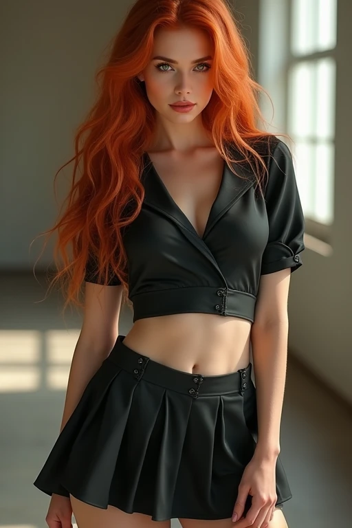 (full body shot:1.7) photorealistic image of a (standing pose:1.7) ultrarealistic, photography, long red hair, woman, 24 years old, hourglass figure, perfect body, Flirty look, natural medium breasts, blur background, professional, (4k photo:1.1), (Arian Mark:0.3), (Sharp focus:1.3), high detail (front view), wearing (tight shirt:1.2), tight micro skirt, shiny tights, (beautiful detailed face), (seductive:1.1), (blushing:1.1), full body with visible face, she wears black high heels, long seductive legs, show legs, show her legs, long legs, show her feet, full body picture, full body shot, wide angle, wide angle shot, wide angle picture