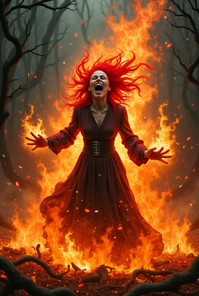 Create a terrifying image of Kyouen no Maihime, a ghostly dancer engulfed in flames. She dances within a raging fire, her face twisted into a maniacal grin. The setting should be a dark, burning theater or a shadowy, cursed forest, highlighting her fiery and malevolent nature.