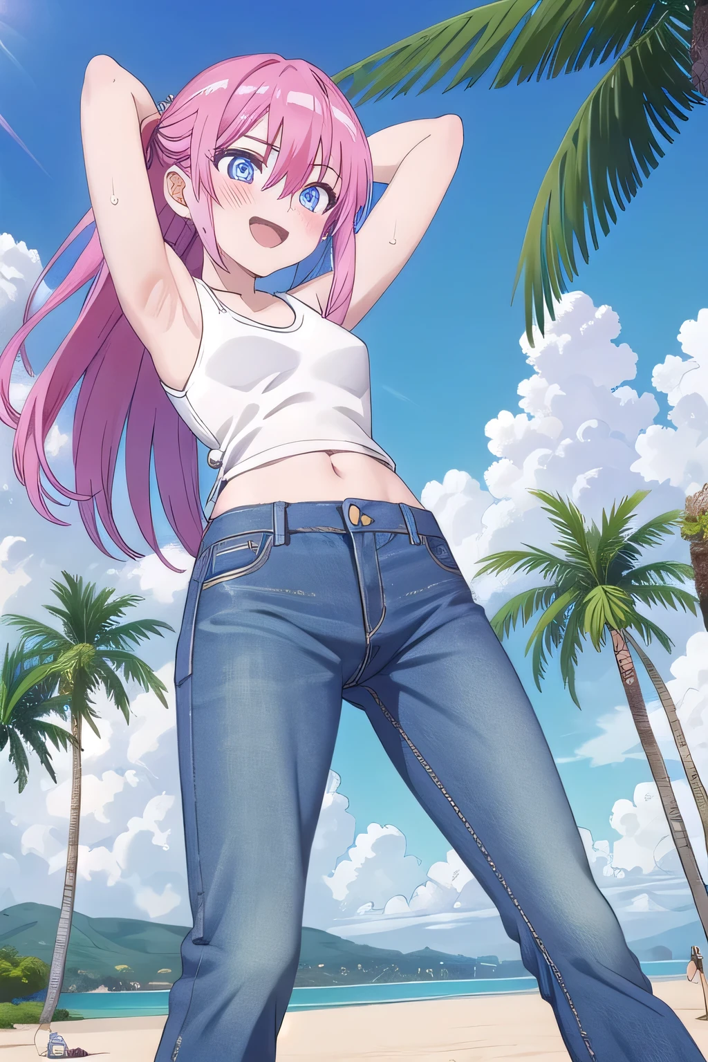 masterpiece,best quality,ultra detail, ((Perfect Face, Perfect Arms, Perfect hands, Perfect Fingers)), 1girl, 14yo, petite, ((round face, ecstasy, orgasm face, drooping eyes, shame smiling, blush)), dropping eyes, sleepy, background((under the beach, (day:1.2), palm tree, bright sky)), miyako shikimori, pink hair, long hair, blue eyes, hair between eyes, bangs, arms behind head, contrapposto, spread armpits, ((invisible hands, invisible fingers)), looking at viewer,, (white tank top:1.2), (white crop top:1.2), (jeans pants:1.2, flares jeans:1.2, skinny jeans:1.2, blue jeans:1.2), standing, (legs spread:1.2), sex pose, Sweaty crotch, Steam from the crotch, from below, full medium body