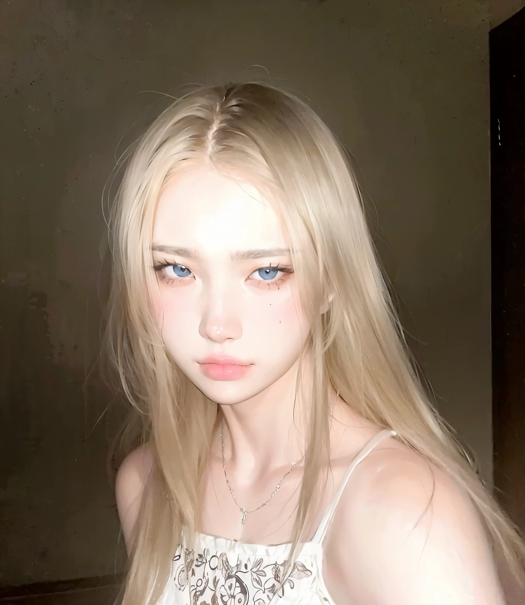 oira with blue eyes and tattoos posing for a photo, pale porcelain white skin, long blonde hair and big eyes, long blonde hair and big eyes, South Korean popular makeup, White skin porcelain, blonde hair and big eyes, ulzzang, pale milky white porcelain skin, ava max, beautiful aesthetic face, porcelain pale skin, skin pale as ivory, fair and pale skin!!