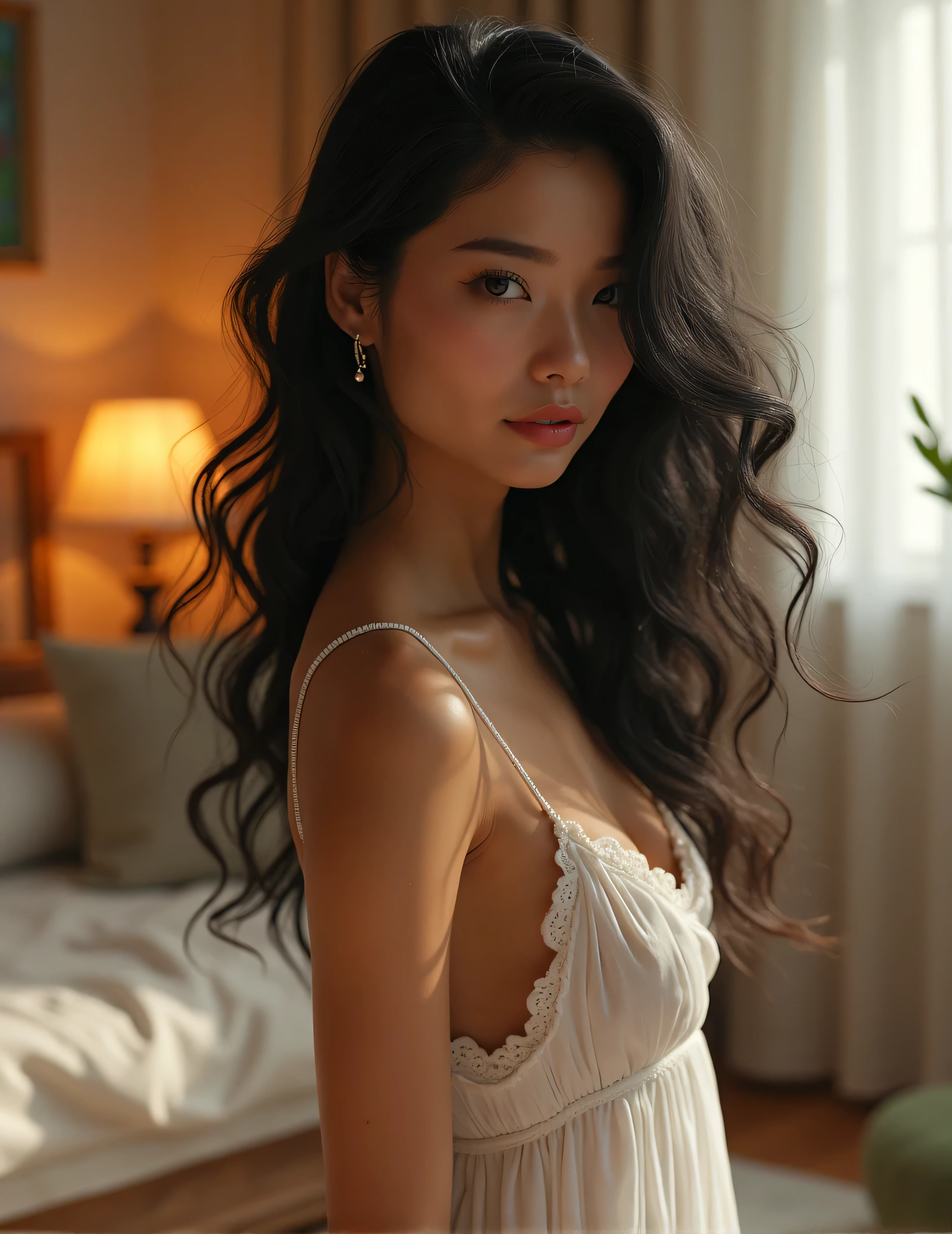 Asian beautiful woman, showing her nude butt, no bra, no underwear, breasts and nipples showing, long curly hair, indoors, soft lighting, on bed