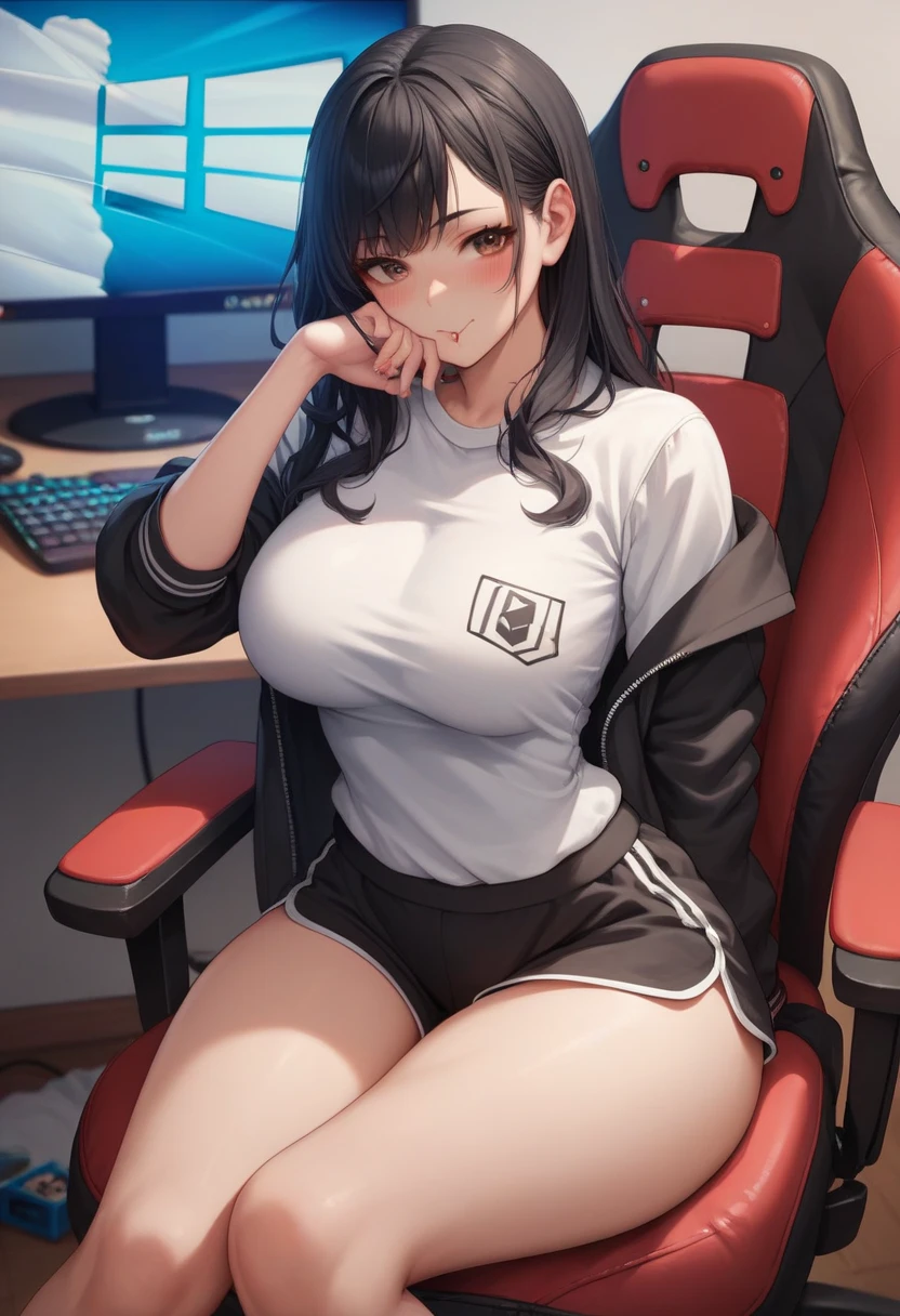 Female, skinny, long black hair, blunt bangs, dull Grey eyes, gamer girl, neet, oversized tshirt, in messy gamer room, dark room, playing video game