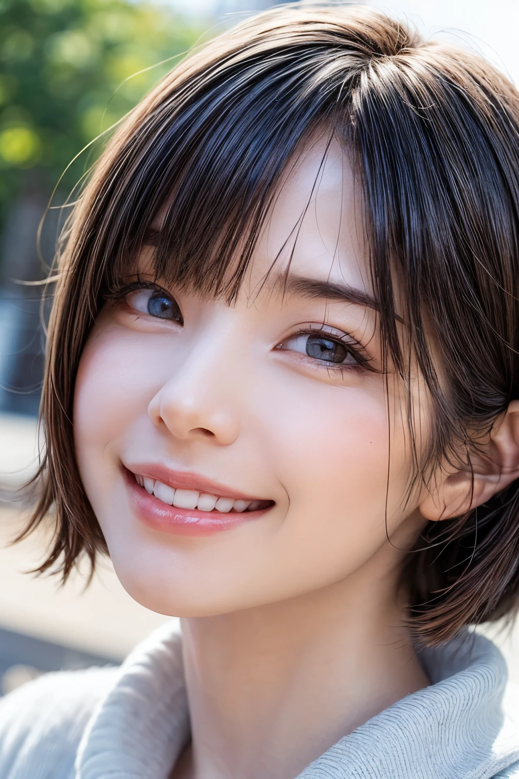 closeup shot , Best picture quality (8K, high resolution, Masterpiece: 1.2), super detailed,  215 Short Hair, 16-year-old woman, 

situation: In the green park、Woman having fun blowing soap bubbles。
clothing: Casual denim shorts、T-Shirts、sneakers。
angle:
Close-up: The moment you blow a bubble、A detailed image of softly flying soap bubbles。
Detailed depiction: With the greenery of the park and the blue sky in the background、Emphasizing a relaxing atmosphere in nature。
Emotional moment: A happy smile as she stares at soap bubbles、Captured chasing soap bubbles floating in the wind。

, Close-up of face 

, random cute pose ,big eyes ,Puffy eyes ,  Heart Pupil, blush  , huge shy smile , salute
