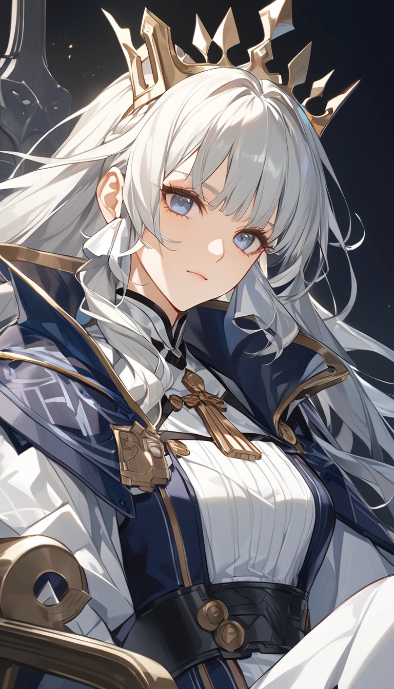 Close up of a woman sitting on a chair with a crown over her head, Arknights, Edelgard Fire Emblem, Kshat Garland key art feminine, Ayaka from Genshin Impact , characters from Azur Lane, from girls frontline , details. girls frontline , Kshat Garland, From the Azur Lane game, Detailed Anime Key Visuals