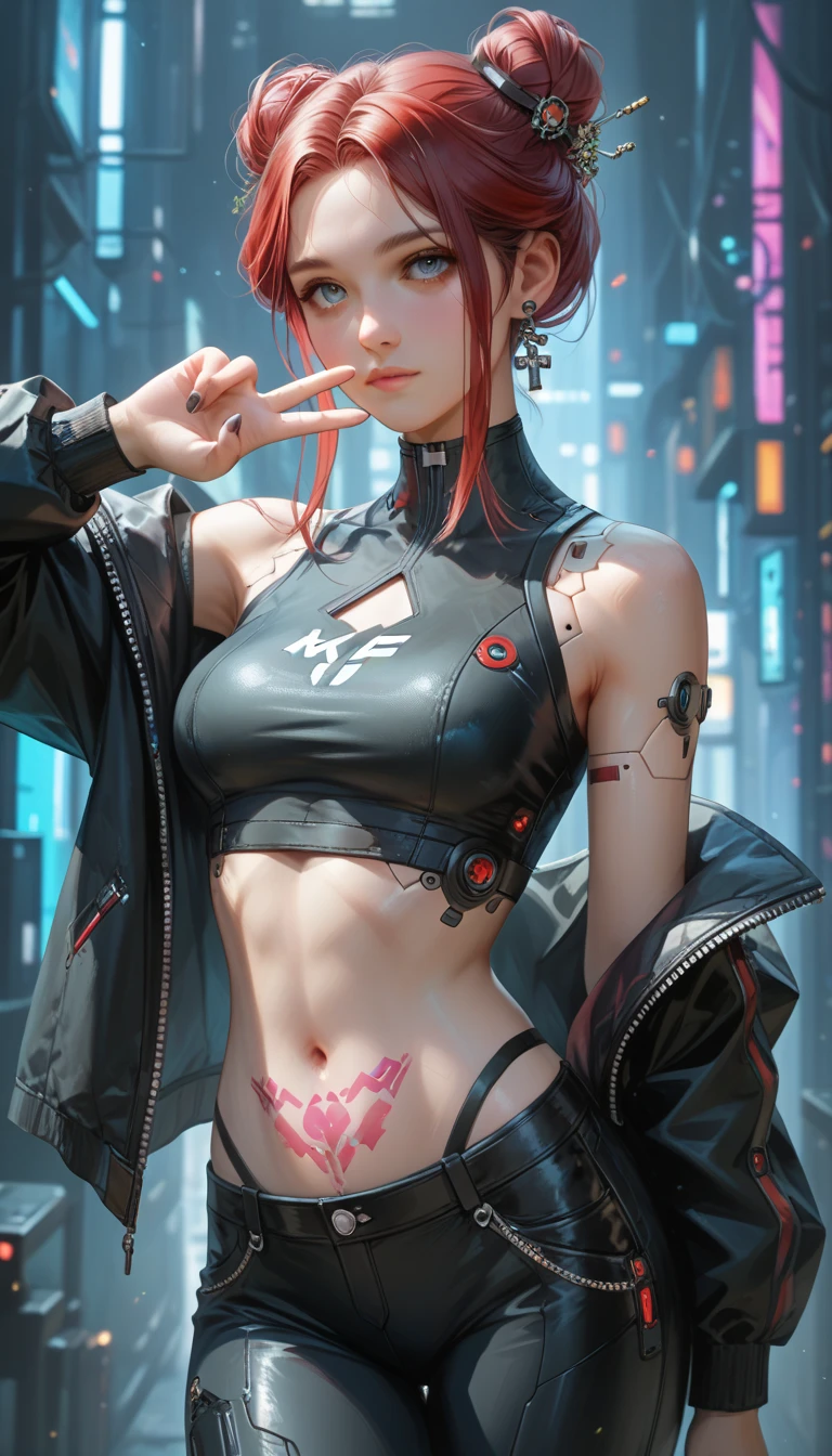 Beautiful girl happy smile and a little bit sad, very high contrast, very dark shadows pink, red, white, blue, (white hair woman),no tattoos, (techwear clothes:1.1),abstract lines and circles background, 36k resolution