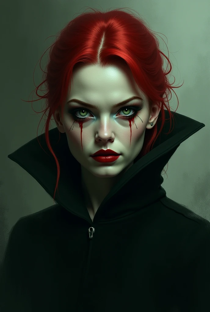 woman with pale skin, red hair and a red blindfold covering her eyes in a horror scene