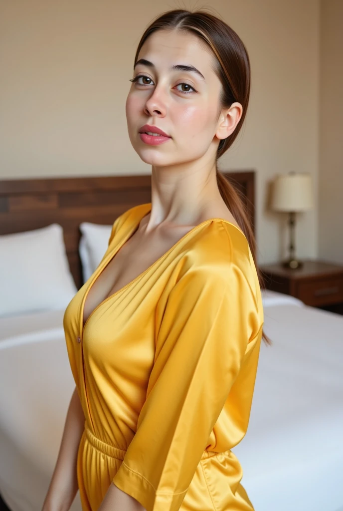 a woman wearing sexy royal yellow silk pajamas, beautiful detailed eyes, beautiful detailed lips, extremely detailed face, longeyes lashes, elegant posing, bedroom interior, luxurious bedding, warm lighting, (best quality,4k,8k,highres,masterpiece:1.2),ultra-detailed,(realistic,photorealistic,photo-realistic:1.37),high fashion photography, dramatic lighting, intricate details, exquisite fabric textures,(best quality,4k,8k,highres,masterpiece:1.2,1024x1024)
