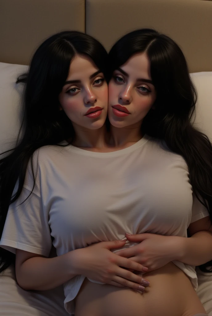 Two-headed b1ll13, light makeup, black hair woman, light makeup, ((mouths open)), droopy lips, long hair, ((wearing large t-shirt)), bedroom, ((beautiful conjoined twins)), ((cleavage)), ((kissing herself on the cheek)), ((dark eyeliner)), ((massive breasts)), ((sleepy eyes)), ((lying in bed on her side)), abs