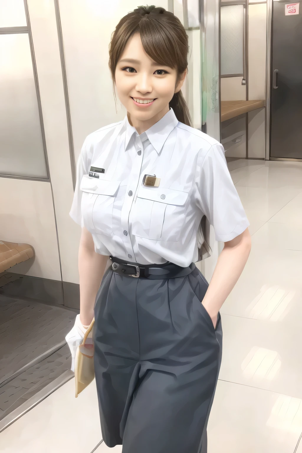 (Masterpiece:1.2, best quality :1.2), 32kHDR, high definition, (Alone、 1 girl)、(Rooftop of a building during the day、 professional lights )、Building rooftop background、( TOKYO SUBWAY WOMAN CREW UNIFORM REAL STYLE WOMAN CREW UNIFORM 6 )、(TOKYO SUBWAY WOMAN CREW UNIFORM BLOUSE SHORT SLEEVE 、 Knee-length culottes skirt、Waist belt)、、 dark brown hair 、( hair gathered、 hair bang)、 dark brown hair 、Long Hit、Big Breasted 、Thin legs、(( amazing hands:2.0)),((harmonious body proportions:1.5)),((Normal limbs:2.0)),((Usually refers to:2.0)),(( Delicate Eyes:2.0)),((Normal eyes:2.0)))、smile、(Tokyo Subway woman crew uniform Knee-length culottes skirtを見せた美しい立ち姿) 、Hands crossed underneath