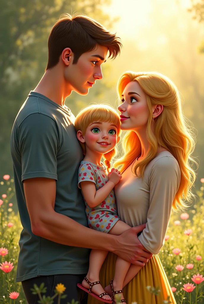 Blonde child  blue eyes together with his father dark brown hair and brown eyes and his mother blonde green eyes long hair in Monaco 8k ultrarealistic photorealistic 
