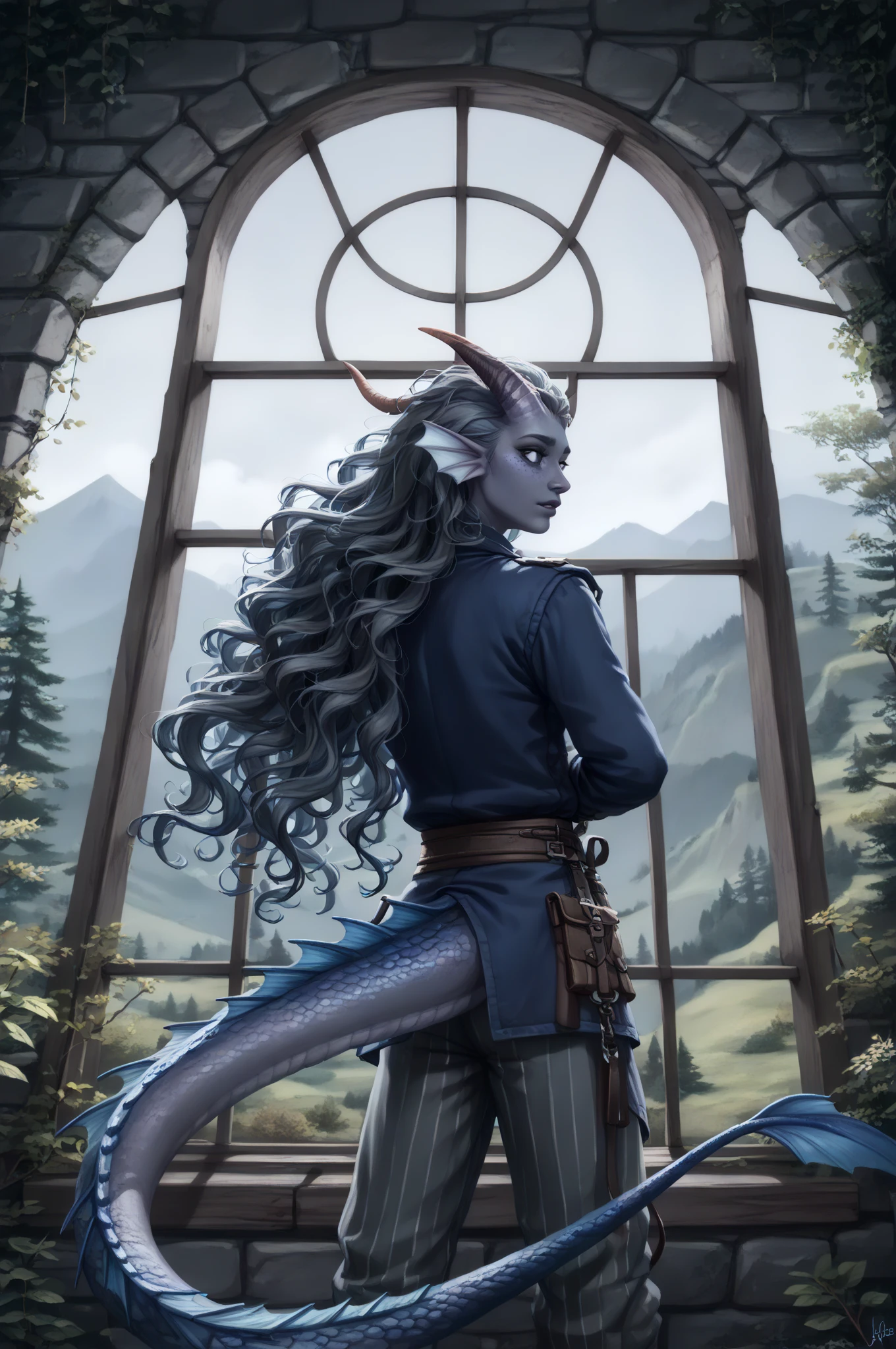 (cedar ), (1Тiefling ,  dark blue-gray skin :1.6), (stands inside by the window of a tall tower overlooking the valley far below,  looks out from behind the gray stone wall and looks half-turned:1.5), ( very thick long tiefling dragon tail :1.5), ( long black flowing hair with dark blue tips:1.4), ( the bright blue-black pigmentation on the face :1.5), (blue-black freckles :1.2), (small fins on the head:1.5), ( bright blue-grey pupils,  black eyes :1.4), ( blue-black pigmentation on the skin :1.5), ( dark grey straight short horns ), ( blue and black pigmentation on the tail :1.5), (kind face), (curiosity ), (35 years old:1.5), ( Adult girl:1.3) , (Deep look:1.2), [the raincoat at the waist ], (you can see pigmentation on his shoulder ), (chainmail), (tail protection), (tail behind ), (medieval dark uniform canvas fur pants with fur on the legs:1.2), ( top quality ), ( masterpiece fails), [ is a large forest lake with calm waters], [ reflections of clouds and trees in the water], [koi carps fish in water ], ( highest detail), [ against the background of a deep thorny forest ,  prickly impassable black trees , a mountain cliff , water], ( against the background of a thicket ), [ against the background of a mountain stream ],  fantasy background, blue tones, Dark tones, dark shades,  muted colors. 
