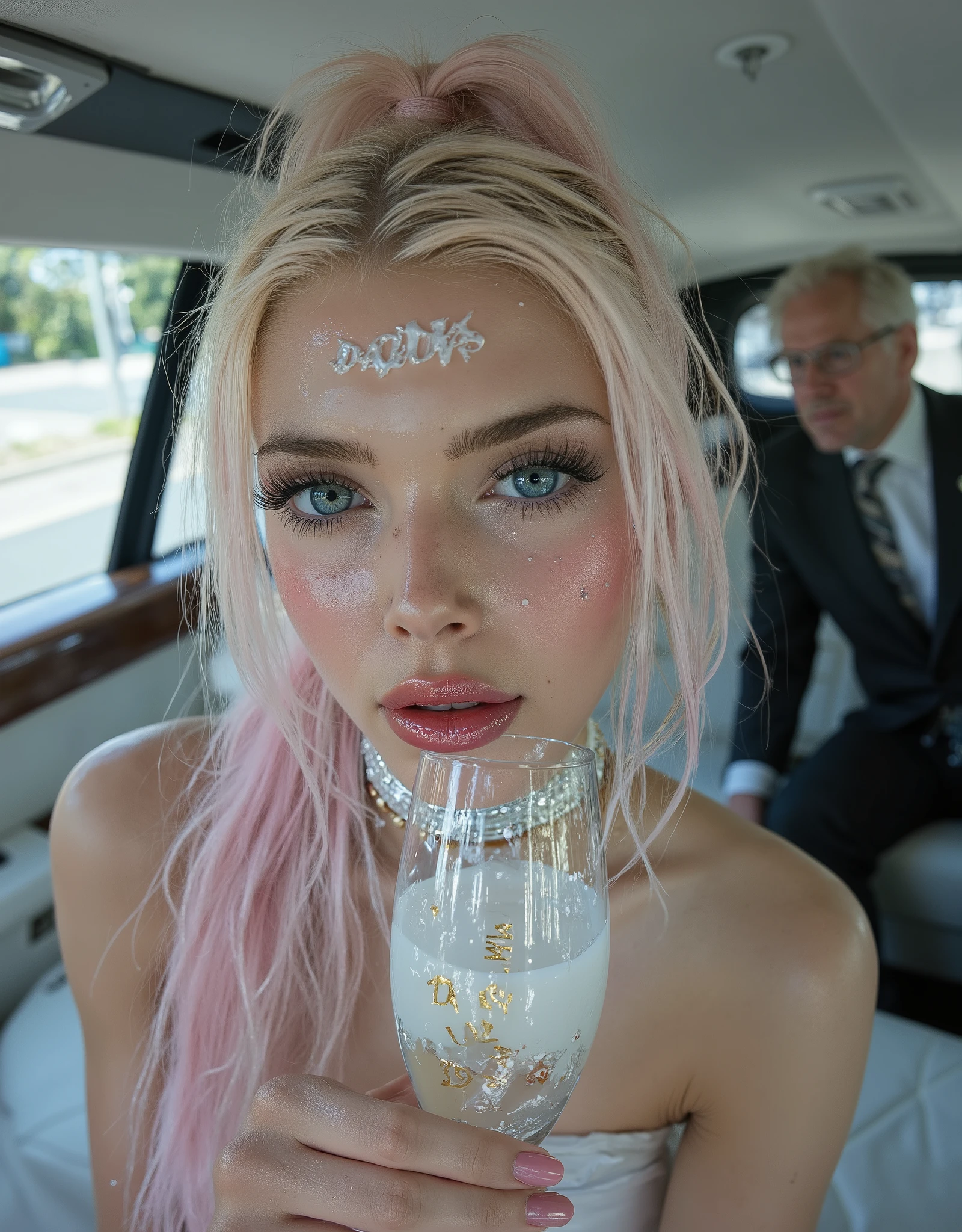 A Portrait of a Beautiful young albino teen girl with bright blue eyes, long straigt shiny pink hair with blond high lights in a ponytail bind up, Sitting face forward in the backseat of a luxurios limousine with turqouse and bright white interior , close up on here face, porcelain skin , (Thick turqouse leather choker with silver text "DADDYS GIRL"), Cumface teen with lots of white, sticky, wet, Here Mouth is slitly open and she got Cum in here mouth, white transucent cum all over here face, (Cum on face), Cum on forehead, Dripping cum, (she is holding small Champange glass just under here narrow chin with the text " CUM SLUT" whitten in gold on the glass), the clear glass is staind with white sticky cum, behind here in the car in an old man i a suit with tie, Ultra detaild skin,slighty freckles, photo ultra-realistic, hyper-detailed , Vogue photo shoot , cinematic, narrow cute cheek, big lfull ips with glossy dark red lipstick, long thick eyelashes, pink blush on here cheeks,