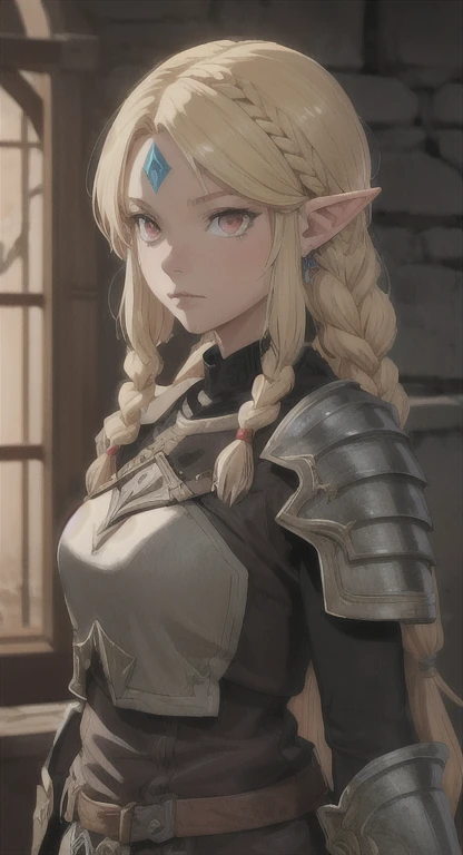 Ancient Hylian, Devine princess, Hylia, blonde, red eyes, bandit braids, looking at viewer, long messy hair, ancient Hyrule, lore accurate ancient leather armor,