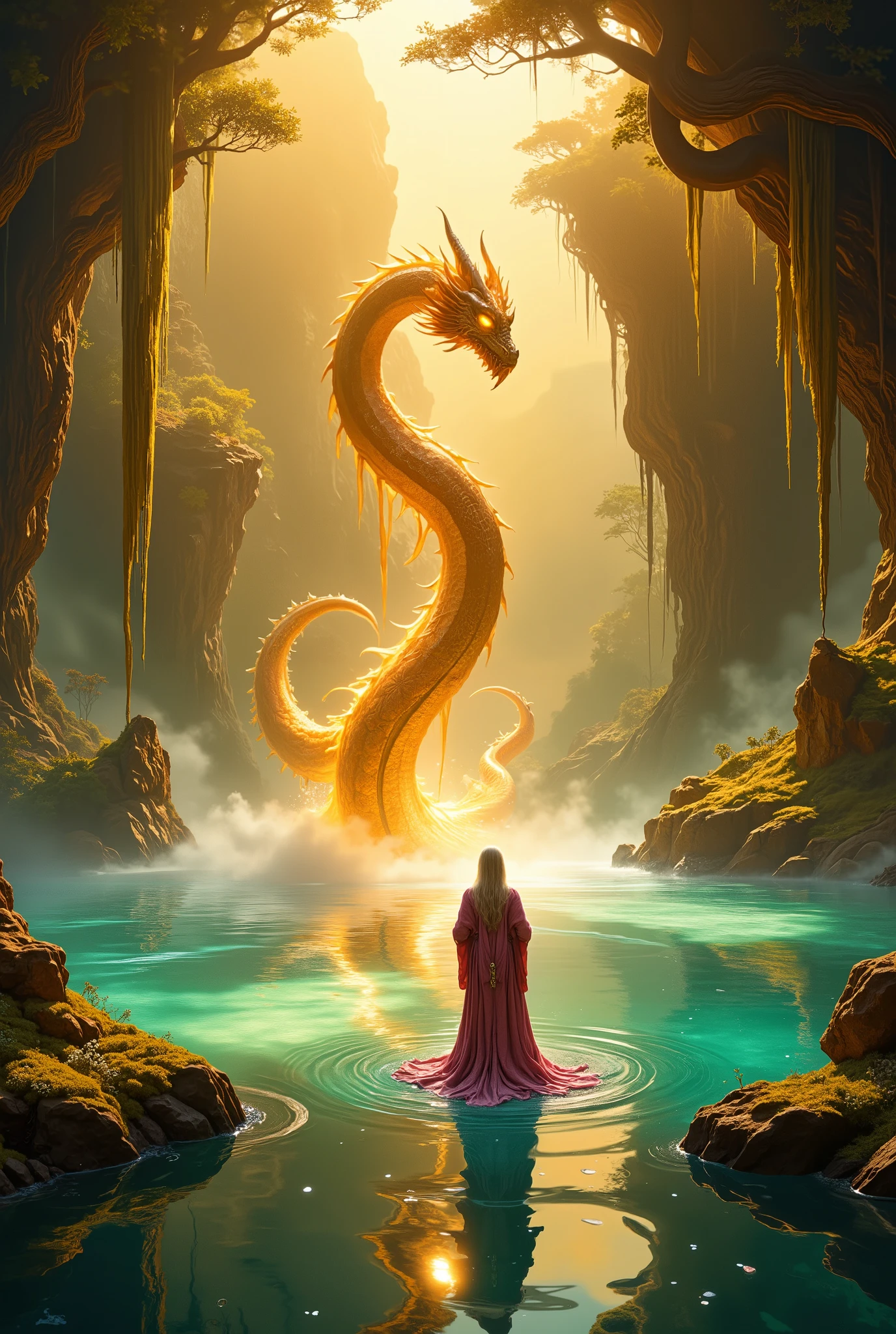 A mystical wizard stands gracefully in the middle of a serene, clear lake, rippling softly around them. The wizard is dressed in a plain, flowing rich pink robe, holding a glowing crystal ball in their hands that radiates a soft golden aura. In front of the wizard, a massive, ethereal golden serpent dragon rises from the water, its scales shimmering with a fiery glow. The dragon exudes power and calm, coiled gracefully as it gazes down at the wizard, creating a deep connection and mutual respect.

The lake reflects the golden light emanating from the dragon’s body, blending beautifully with the serene greenish-blue hues of the water. Surrounding the scene are jagged rocks, moss-covered, and distant foliage framing the mystical environment. The golden sunlight bathes the scene, casting an enchanting and dreamlike glow. The composition captures the dynamic balance between the immense dragon and the poised wizard, emphasizing their magical bond.