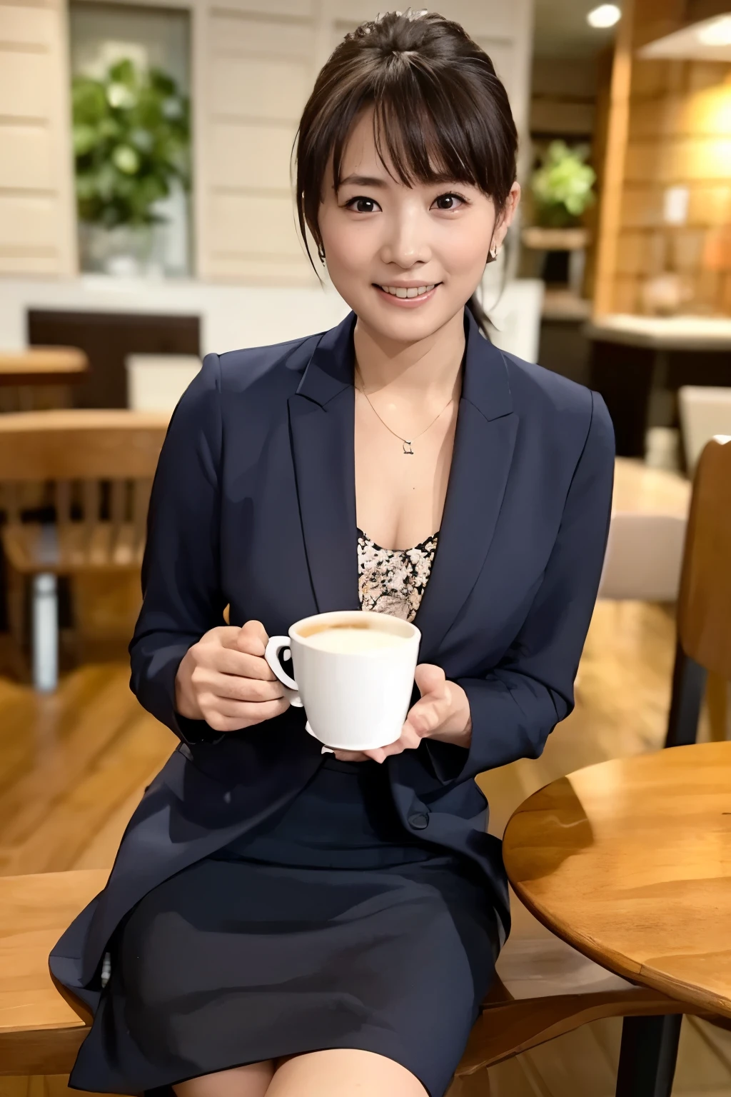 (    top quality , 8k, 32K, Masterpiece,     Ultra-Fine:1.2),    has a microphone 、   Cute Japanese Girl   ,  Stylish opening、 short black hair  ,、bangs, 、   slender body、  slender body、Thin arms、Age 25、   thin waist, Cafe、 drinking coffee、Cafe椅子に座って drinking coffee、Mister、   casual suit 
