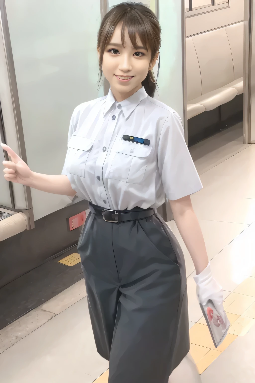 (Masterpiece:1.2, best quality :1.2), 32kHDR, high definition, (Alone、 1 girl)、(Rooftop of a building during the day、 professional lights )、Building rooftop background、( TOKYO SUBWAY WOMAN CREW UNIFORM REAL STYLE WOMAN CREW UNIFORM 6 )、(TOKYO SUBWAY WOMAN CREW UNIFORM BLOUSE SHORT SLEEVE 、 Knee-length culottes skirt、Waist belt)、、 dark brown hair 、( hair gathered、 hair bang)、 dark brown hair 、Long Hit、Big Breasted 、Thin legs、(( amazing hands:2.0)),((harmonious body proportions:1.5)),((Normal limbs:2.0)),((Usually refers to:2.0)),(( Delicate Eyes:2.0)),((Normal eyes:2.0)))、smile、(Tokyo Subway woman crew uniform Knee-length culottes skirtを見せた美しい立ち姿) 、Hands crossed underneath