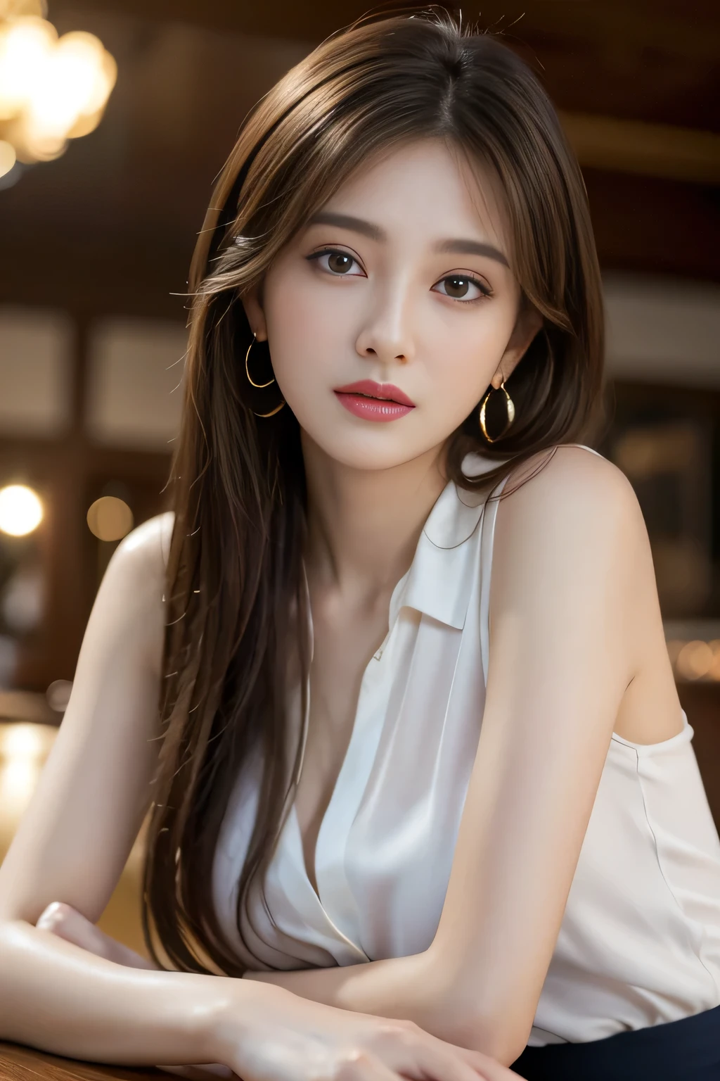 masterpiece, highest quality, Realistic, Very detailed, Finer details, High resolution, 8k wallpaper, One beautiful woman, Wear casual business attire, In a great restaurant, At night, Light brown messy hair, Perfect dynamic composition, Beautiful and beautiful eyes、Big earrings
