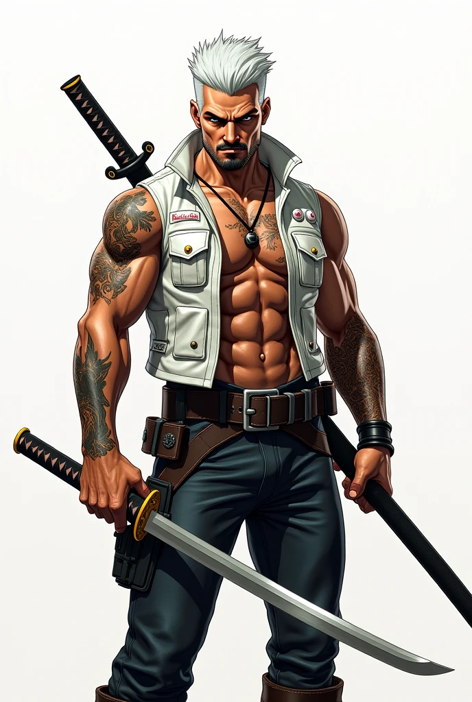 Um homem, branco, cabelos ruivos, tattoo por todo o Corpo com caveiras, Skull necklace and ice sword in hand, black pants and leather boots. Convey your determination and vigor through your confident posture., Surrealism, high detail, ray tracing, drop shadow, speed lines, vanishing point, UHD, retina, masterpiece, award winning, 8k, best quality, high details