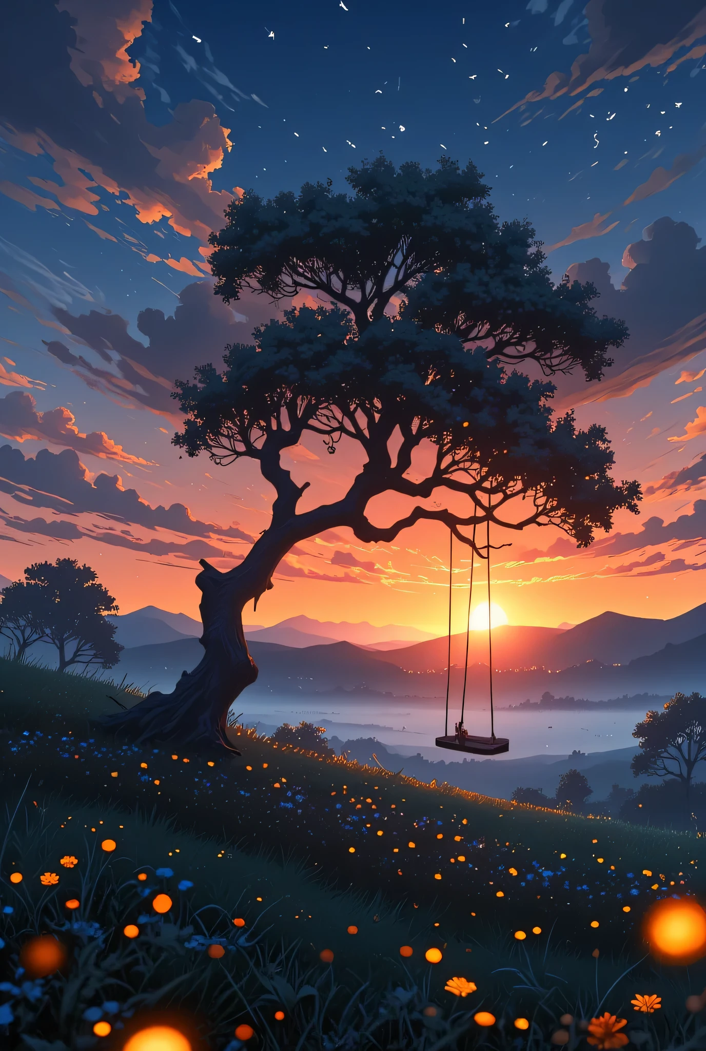 Viral anime nature wallpaper in 4K quality, inspired by Studio Ghibli's whimsical aesthetic. Depicts a serene meadow at dawn, with dew-covered wildflowers, rolling hills, and a lone, ancient tree with a tire swing hanging from one of its branches. Mist gently blankets the ground, and sunlight streams through the clouds, creating soft, golden rays. A flock of birds soars in the distance, with tiny, glowing creatures flitting among the flowers. Use warm and pastel colors, with a magical, dreamlike ambiance. No human characters. The scene is peaceful and nostalgic.