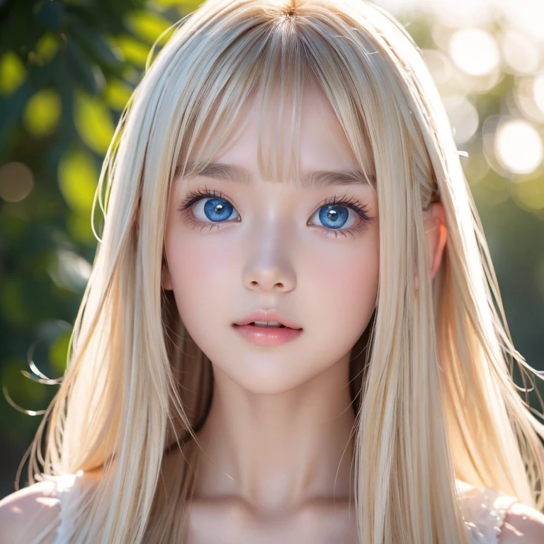 A very beautiful 14-year-old girl with outstanding beautiful blonde hair.、Beautiful and beautiful face、blonde on the face、bangs above shiny eyes、Very bright white light blue big eyes that shine so beautifully、cute very bright big eyes、gentle and bright expression、blonde super long silky hair、hair above eyes、片hair above eyes、hair between eyes、small face beauty、round face、Very white, bright and young skin、cheek highlights、Very beautiful bright eye highlights、