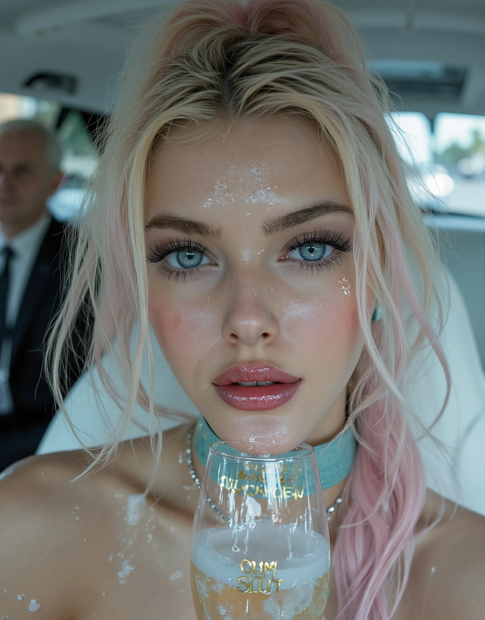 A Portrait of a Beautiful young albino teen girl with bright blue eyes, long straigt shiny pink hair with blond high lights in a ponytail bind up, Sitting face forward in the backseat of a luxurios limousine with turqouse and bright white interior , close up on here face, porcelain skin , (Thick turqouse leather choker with silver text "DADDYS GIRL"), Cumface teen with lots of white, sticky, wet, Here Mouth is slitly open and she got Cum in here mouth, white transucent cum all over here face, (Cum on face), Cum on forehead, Dripping cum, (she is holding small Champange glass just under here narrow chin with the text " CUM SLUT" whitten in gold on the glass), the clear glass is staind with white sticky cum, behind here in the car in an old man i a suit with tie, Ultra detaild skin,slighty freckles, photo ultra-realistic, hyper-detailed , Vogue photo shoot , cinematic, narrow cute cheek, big lfull ips with glossy dark red lipstick, long thick eyelashes, pink blush on here cheeks,