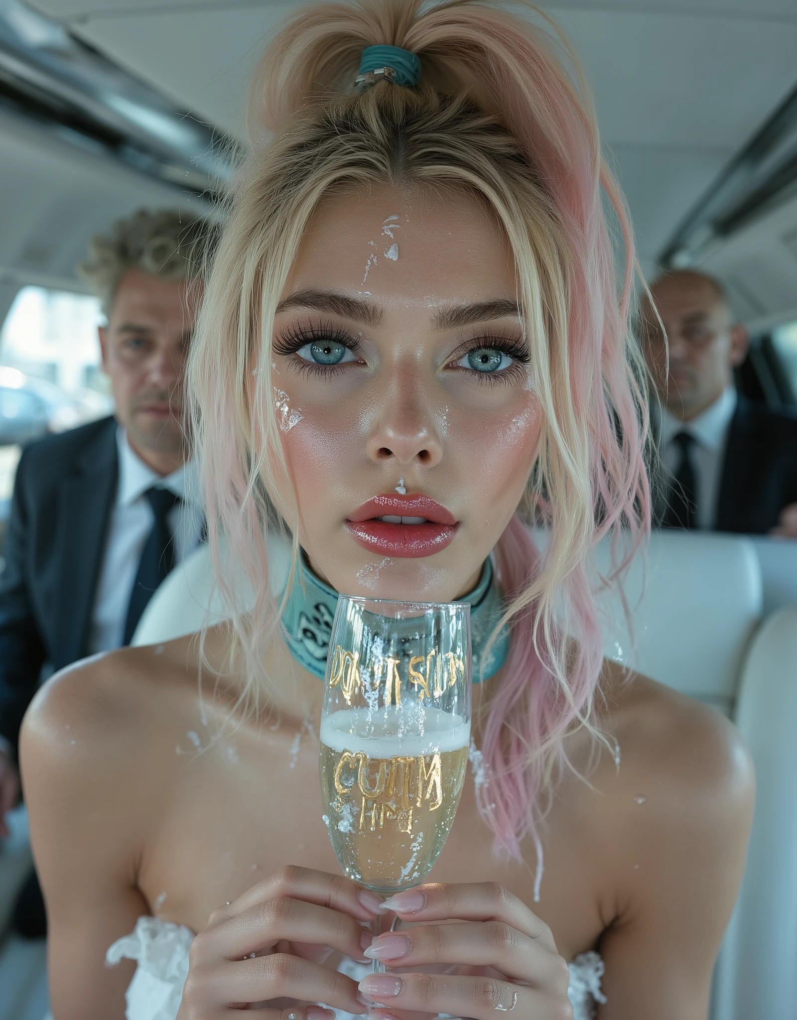 A Portrait of a Beautiful young albino  girl with bright blue eyes, long straigt shiny pink hair with blond high lights in a ponytail bind up, Sitting face forward in the backseat of a luxurios limousine with turqouse and bright white interior , close up on here face, porcelain skin , (Thick turqouse leather choker with silver text "DADDYS GIRL"), Cumface teen with lots of white, sticky, wet, Here Mouth is slitly open and she got Cum in here mouth, white transucent cum all over here face, (Cum on face), Cum on forehead, Dripping cum, (she is holding small Champange glass just under here narrow chin with the text " CUM SLUT" whitten in gold on the glass), the clear glass is staind with white sticky cum, behind here in the car in an old man i a suit with tie, Ultra detaild skin,slighty freckles, photo ultra-realistic, hyper-detailed , Vogue photo shoot , cinematic, narrow cute cheek, big lfull ips with glossy dark red lipstick, long thick eyelashes, pink blush on here cheeks,