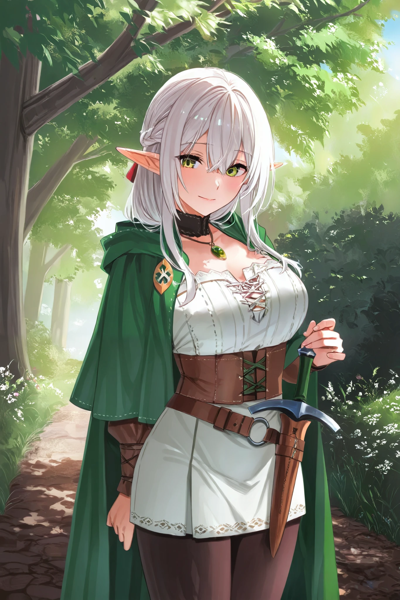  28-year-old medieval elf with the face of an adult woman, white hair,  wears a green amulet around her neck , has a strong connection with nature and uses a dagger and bow and arrow