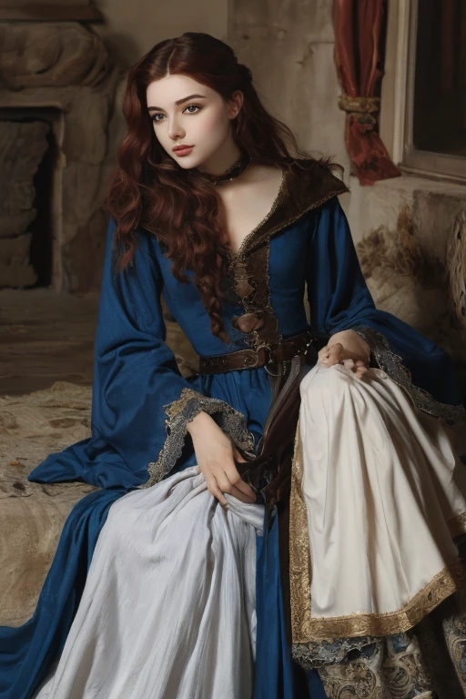 Sansa Stark with red hair wavy at the top and going down into soft curls and bright blue eyes. She wears a deep blue medieval style silk gown with long dagged sleeves and a long flowing skirt.