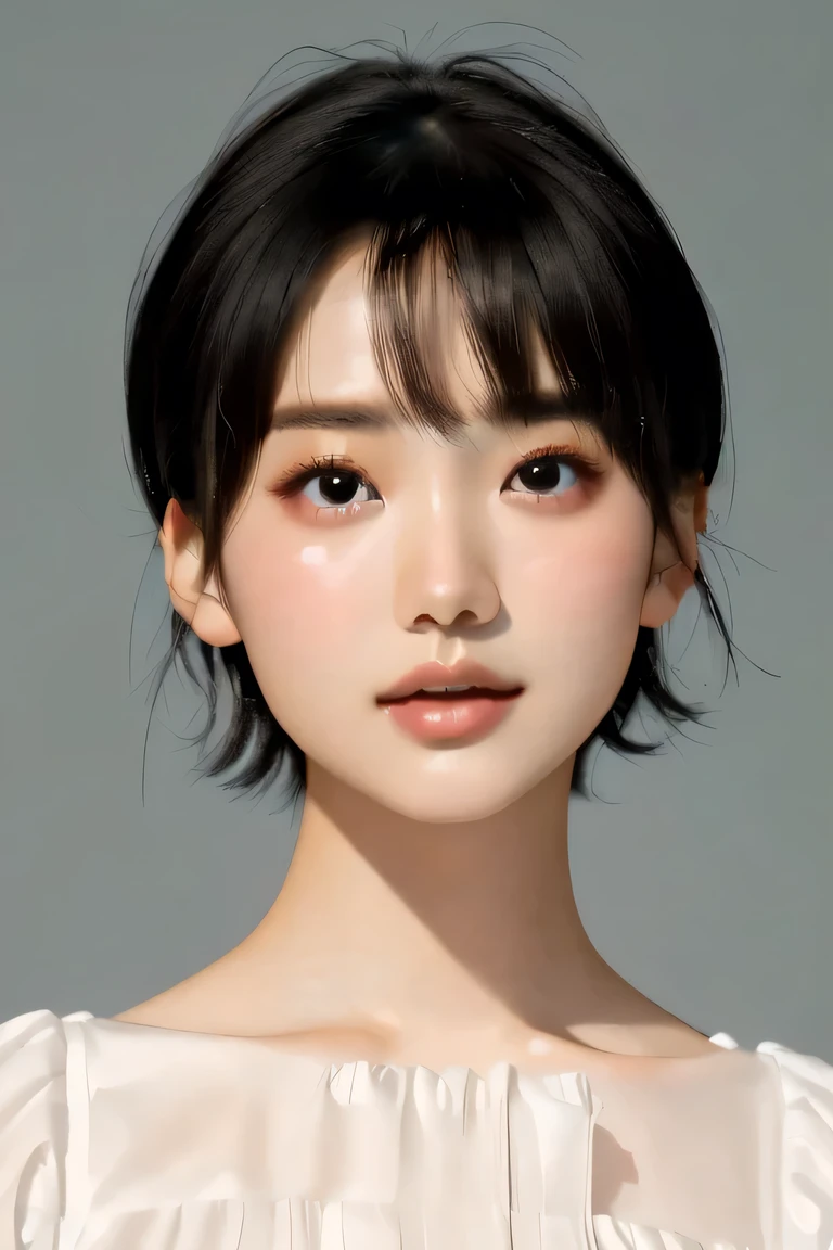 a close up of a woman with a short hair and a white shirt, a photorealistic painting by Xia Yong, tumblr, hyperrealism, korean symmetrical face, wan adorable korean face, beautiful delicate face, she has black hair with bangs, young adorable korean face, with round cheeks, young cute wan asian face, kwak ji young, very beautiful face