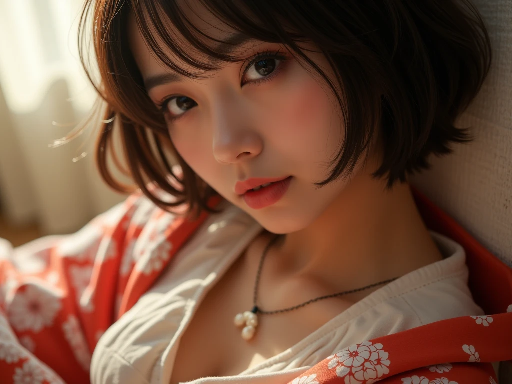 masterpiece、highest quality、High resolution、table top、wallpaper、realistic、bright lighting、professional lighting、face light、smooth lighting、japanese woman、adult woman、Beautiful woman、、modeled、gravure、sexy、super beautiful、beautiful skin、beautiful and detailed eyes、detailed face、slim、big breasts、cleavage 、short hair、brunette colored hair、brown eyes、look at the camera、japanese kimono、Japanese Yukata