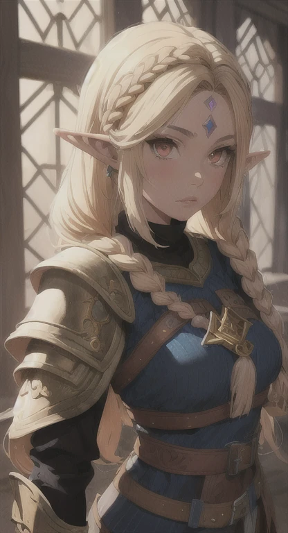 Ancient Hylian, Devine princess, Hylia, blonde, red eyes, bandit braids, looking at viewer, long messy hair, ancient Hyrule, lore accurate ancient leather armor,