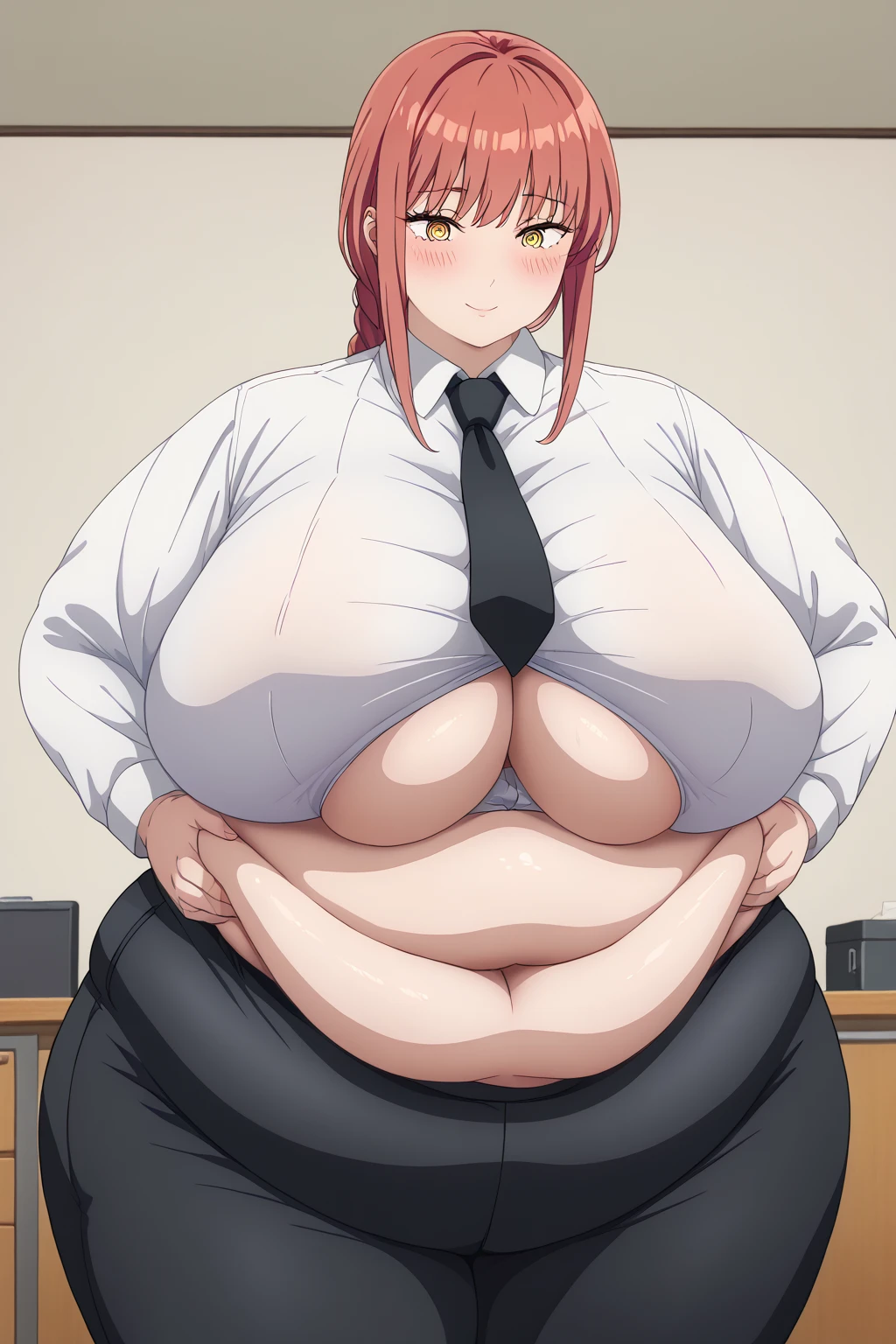 Makima, Makima,  long hair、bangs、 shirt、 Long Sleeve , yellow eyes, white  shirt、 braided 、 thighs、Red Hair、 ties, collared  shirt、 black pants 、black  ties,bloated belly,(hanging breasts,sagging breasts), company office, troubled expression,blush,Obese middle-aged woman,Severe obesity, Fat face, ssBBW,weight 250kg, score_9,  score_8_ up、 score_7_ up、 score_6_ up、 score_5_ up、 score_4_ up、 Masterpiece、 best quality , A beautiful woman with an obese figure,  absurd、 source_Anime, Anime screencap,  one woman、Alone、 personal  、Super huge breasts, Super huge クレビス、Super huge, Super huge boob, curved、 Wide Hips 、 cowboy shot 