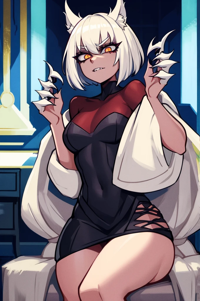 Kizi, ((( Evil smile))) angry facial expression ((( Open black jacket))), ((( White hair))), (((yellow eyes))) psychopath, (((cocked ass))), sexly (((without panties))), in the bedroom, "hands on the wall"