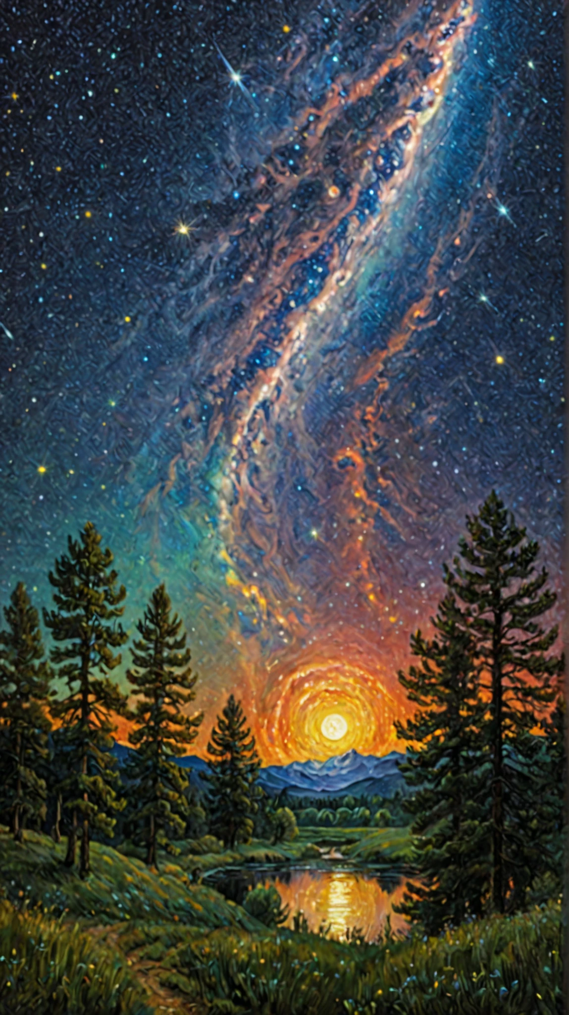 Colored Starry Sky of the Starry Night by Vincent Van Gogh :: master painting illustration in 16k resolution cinematographic , consisting of oil , watercolors and ink :: spiral galaxy in the sky :: Alien Invasion Fleet :: watercolors of frisco and oil sky raining shooting stars shining stars bright stars big full moon stars :: Ivan Aivazovsky Kentaro Miura Gustave Doré Greg Rutkowski romantic naturalism starry night landscape :: intricate motifs Perfect composition amazingly detailed masterpiece extremely detailed, hyper-detailed, beautiful colors, volumetric, deep and rich volumetric lighting, shadows, ray tracing, perfect and smooth texture :: James Webb Space Telescope