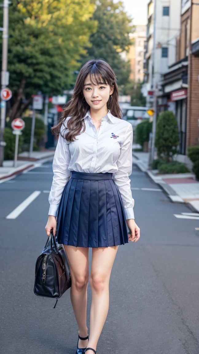 a beautiful 18 year old Japanese high school girl with perfect anatomy, healthy thighs, beautiful legs, beautiful skin, random hair color and style, large breasts, (wearing a Japanese schoolgirl uniform:1.3), (she is standing:1.2), penny loafers, holding a student bag, full body shot, standing on a city street, (best quality,4k,8k,highres,masterpiece:1.3),(extremely detailed:1.2), photorealistic, ultra-detailed, vivid colors, studio lighting, professional