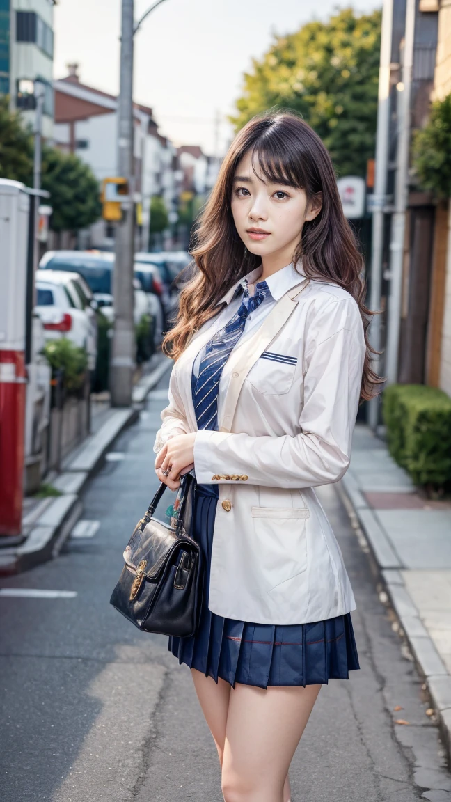 a beautiful 18 year old Japanese high school girl with perfect anatomy, healthy thighs, beautiful legs, beautiful skin, random hair color and style, large breasts, (wearing a Japanese schoolgirl uniform:1.3), (she is standing:1.2), penny loafers, holding a student bag, full body shot, standing on a city street, (best quality,4k,8k,highres,masterpiece:1.3),(extremely detailed:1.2), photorealistic, ultra-detailed, vivid colors, studio lighting, professional